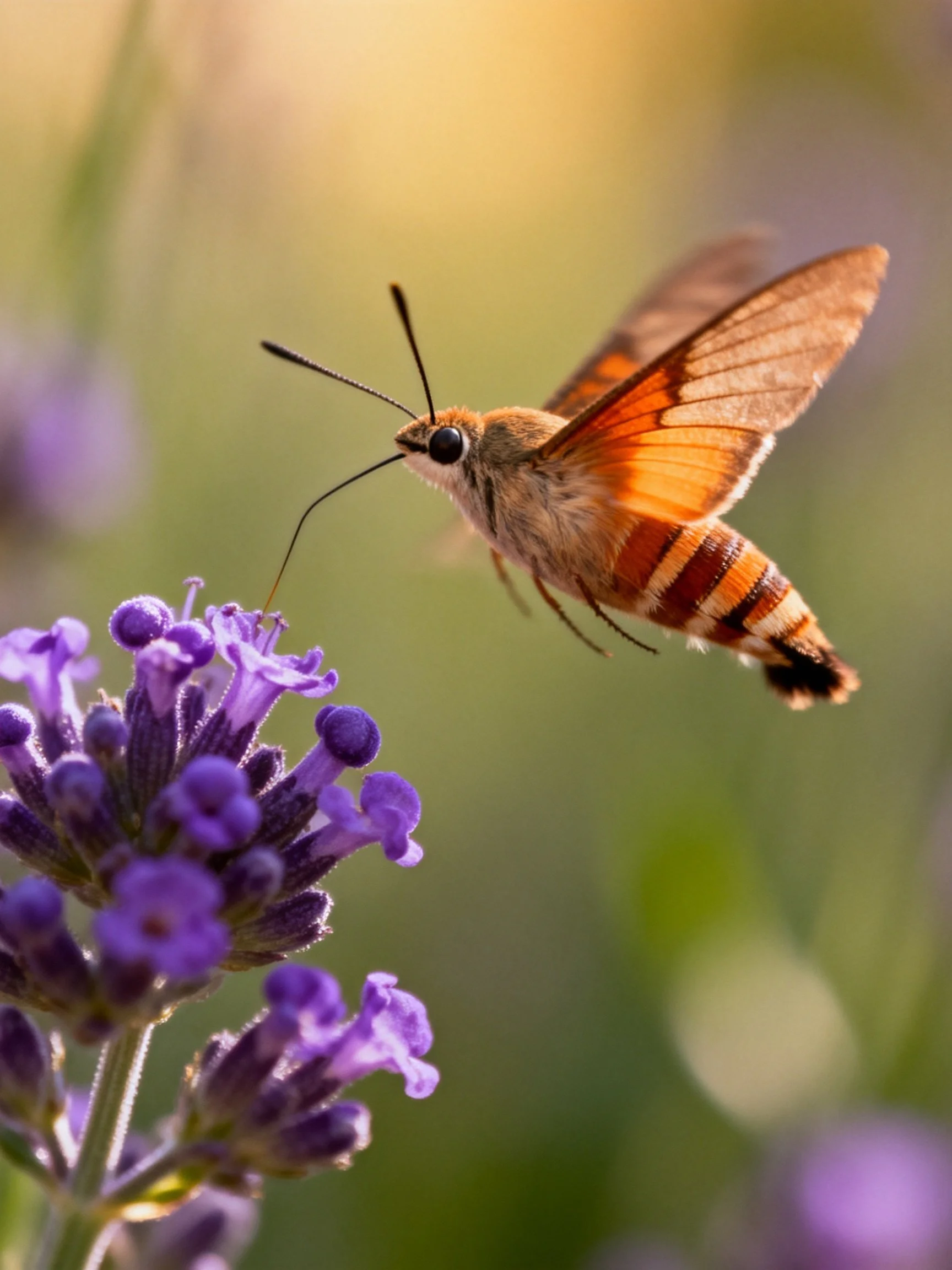 A hummingbird hawk-moth hovers over vibrant purple lavender