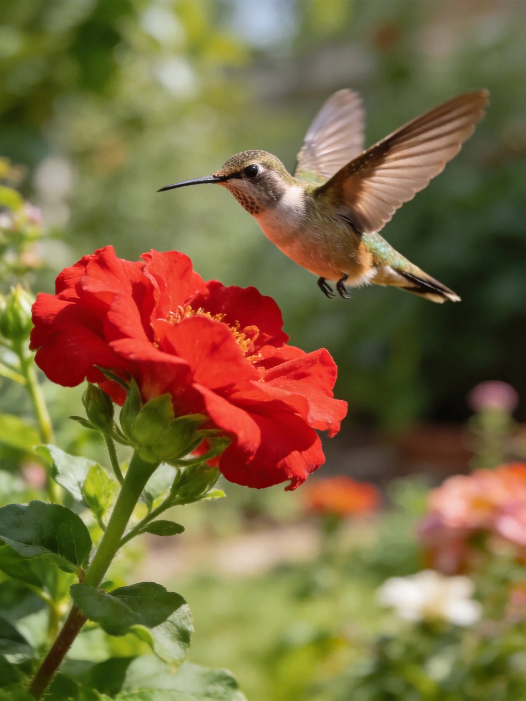 A hummingbird hovers beside a vibrant red bloom
