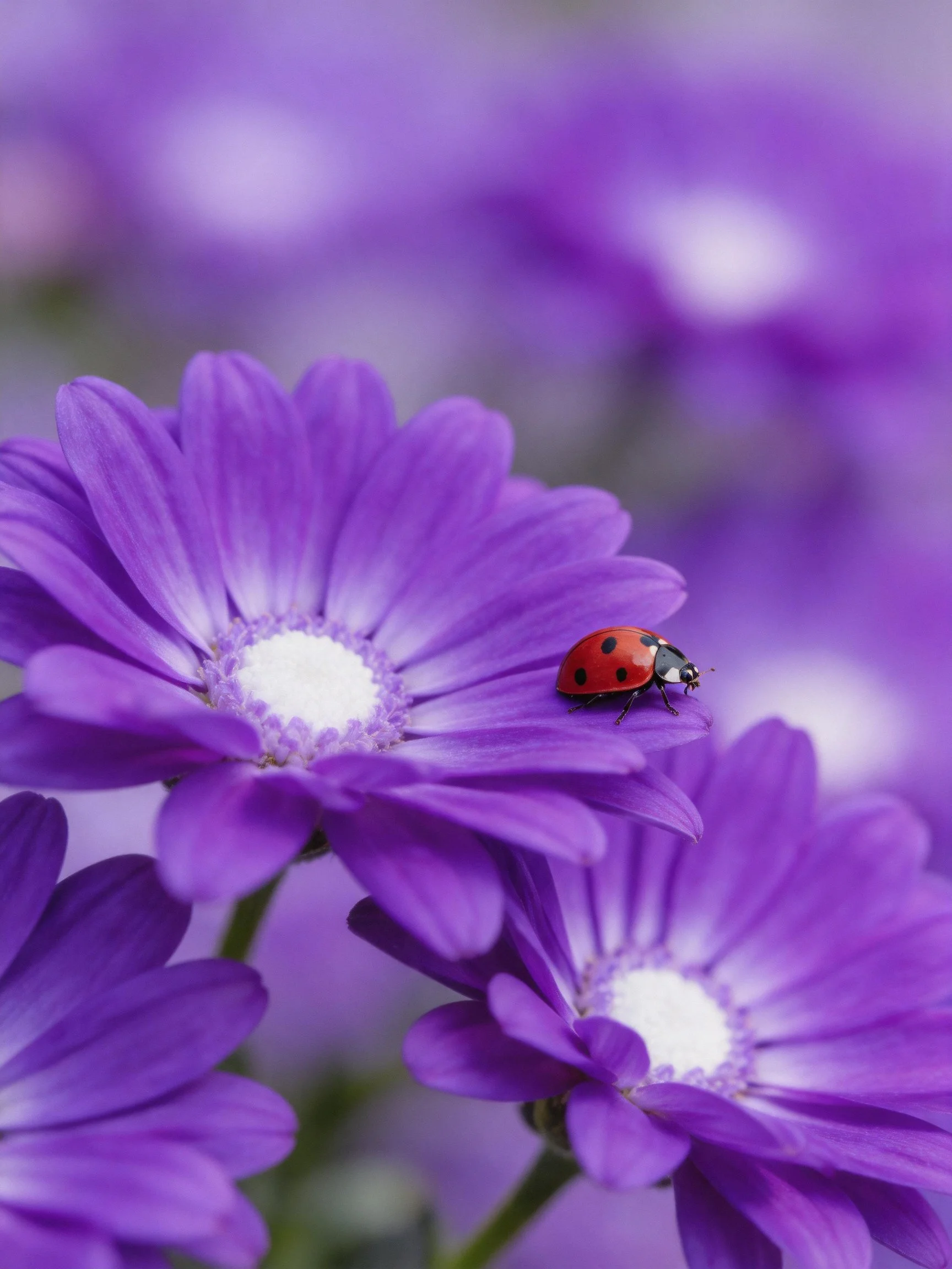 A ladybug on vibrant purple flowers with white centers