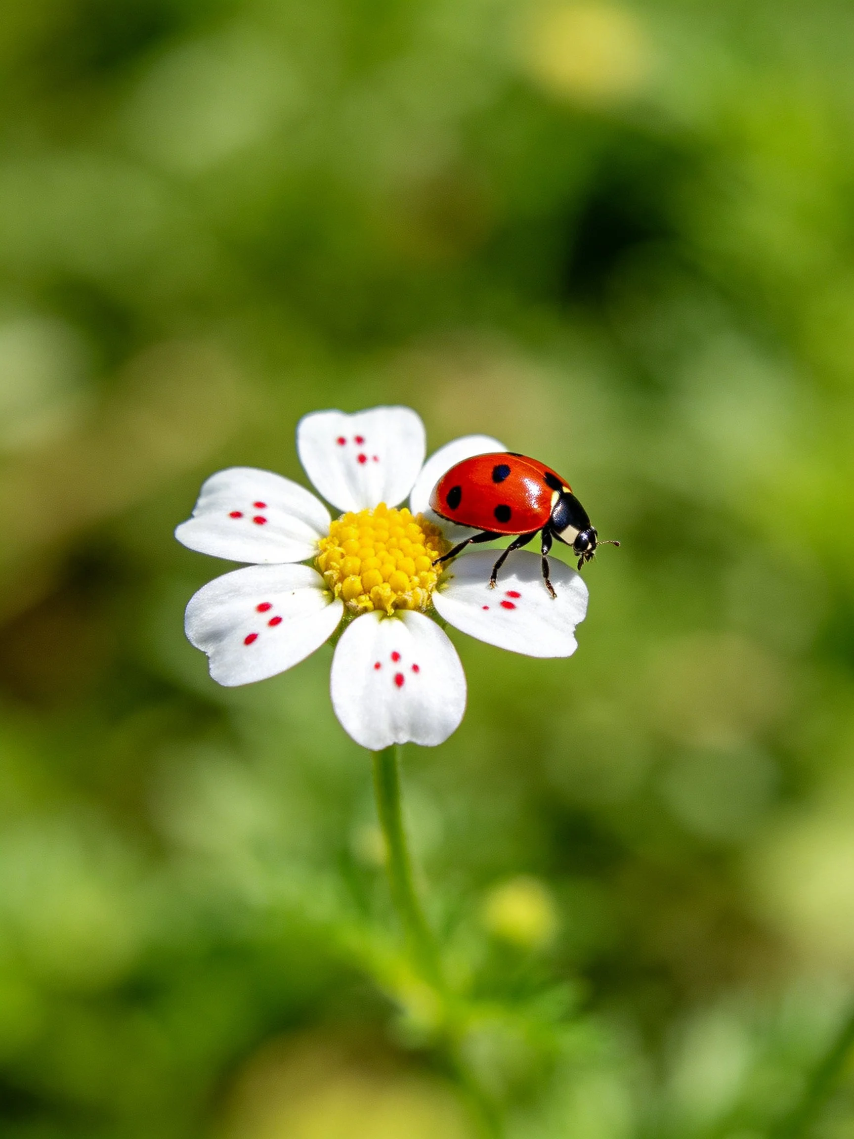 A ladybug perched on a white flower with red spots