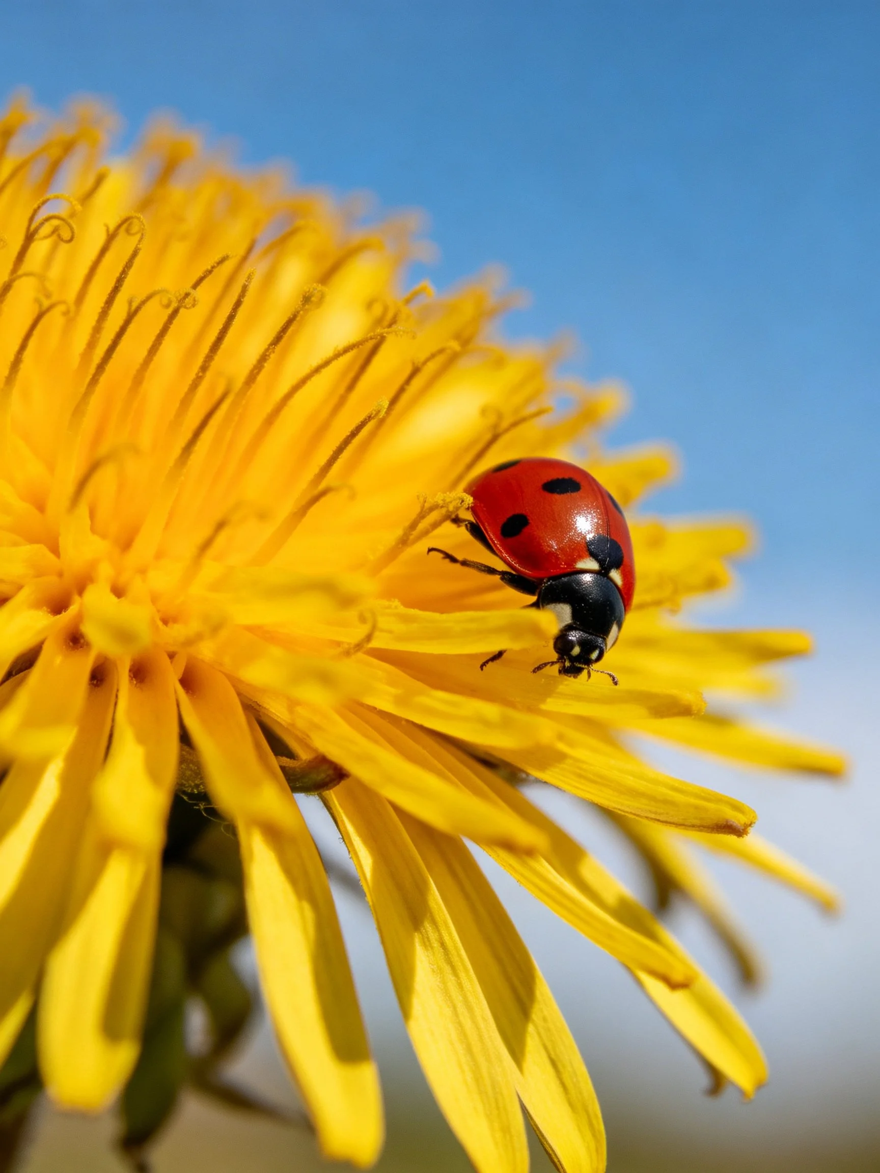 A ladybug perches on a bright yellow dandelion against a clear blue sky