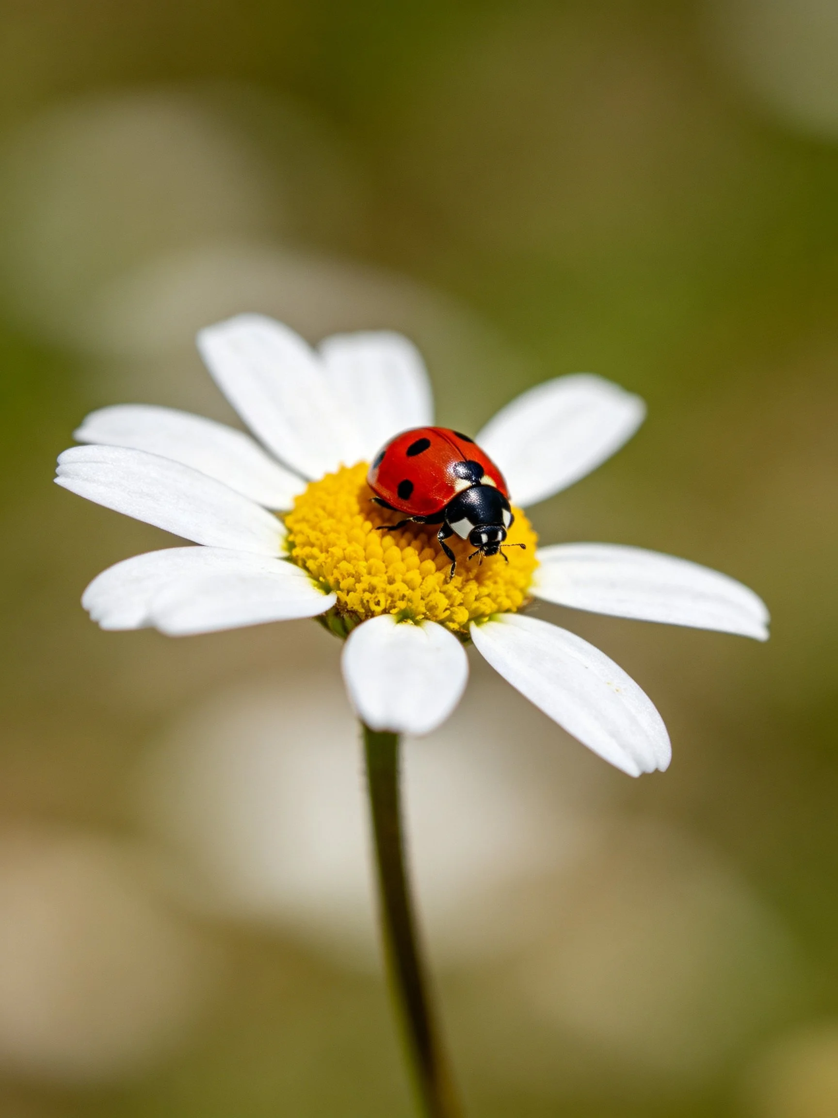 A ladybug perches on a white daisy with a yellow center
