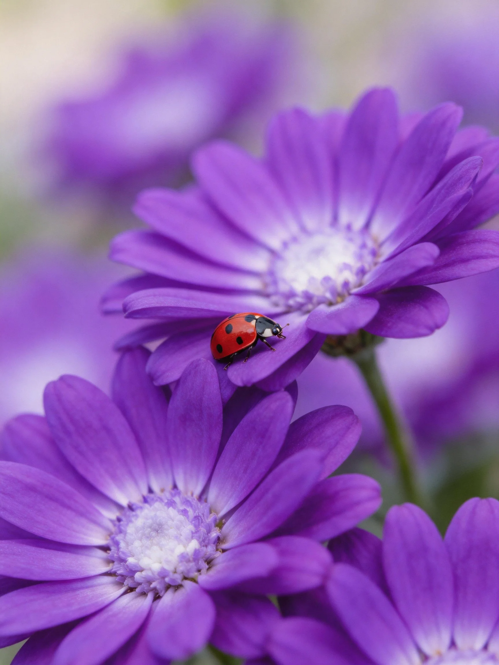 A ladybug perches on vivid purple daisy - like flowers with soft focus