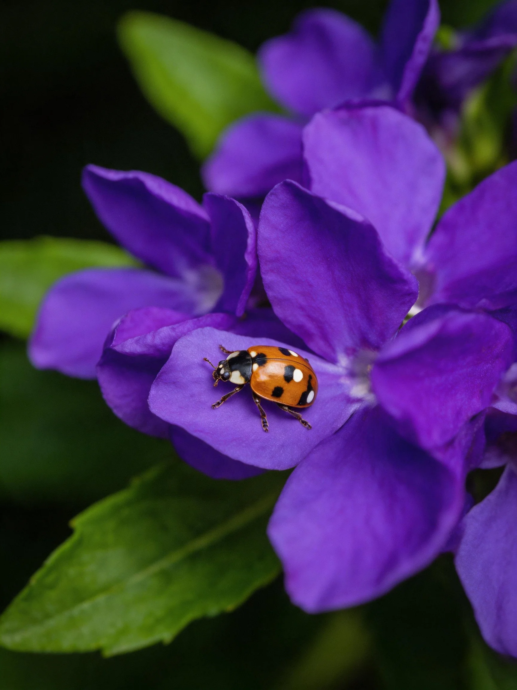 A ladybug perches on vivid purple flowers amid green leaves