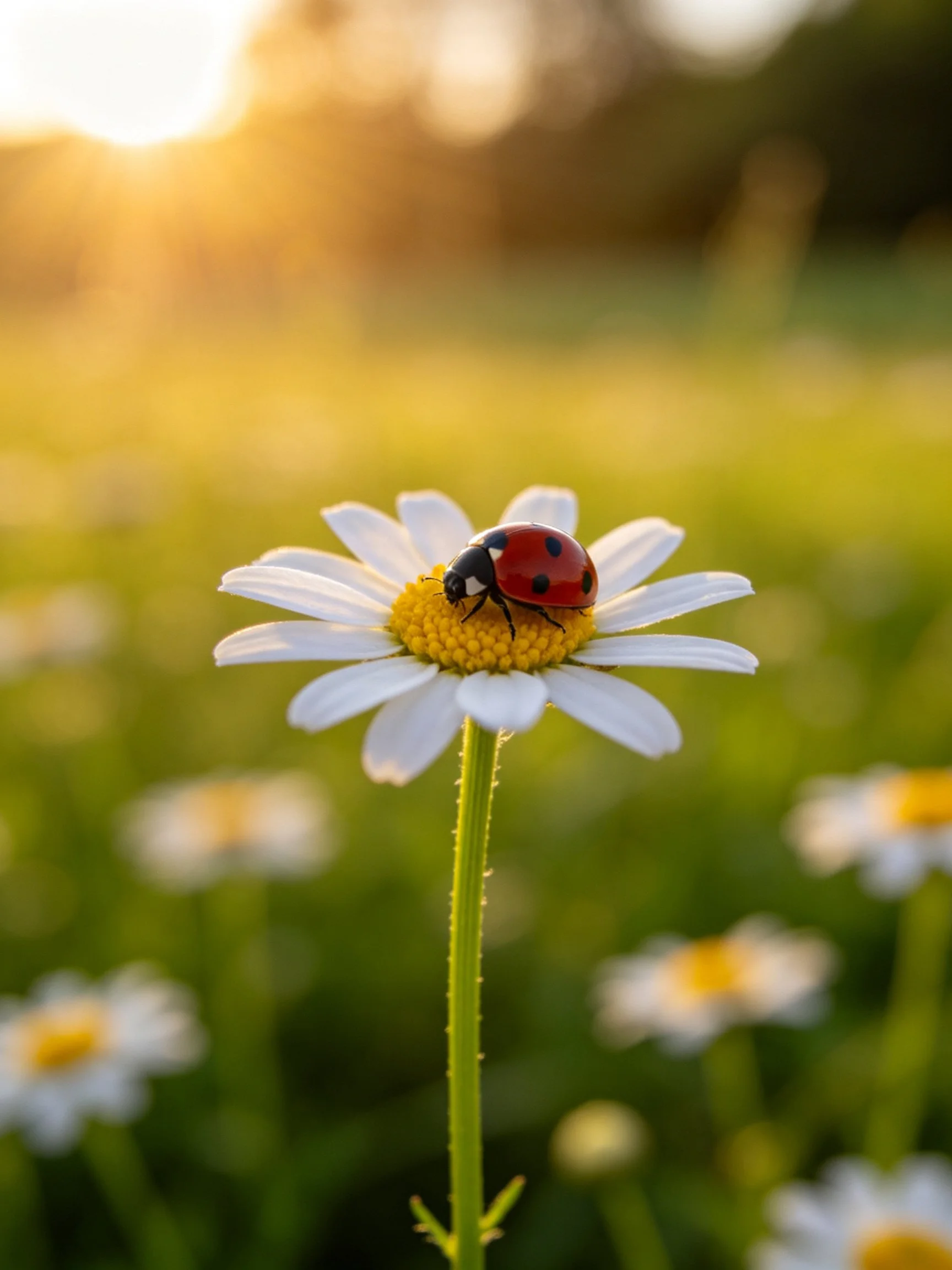 A ladybug rests on a daisy in a sunlit meadow