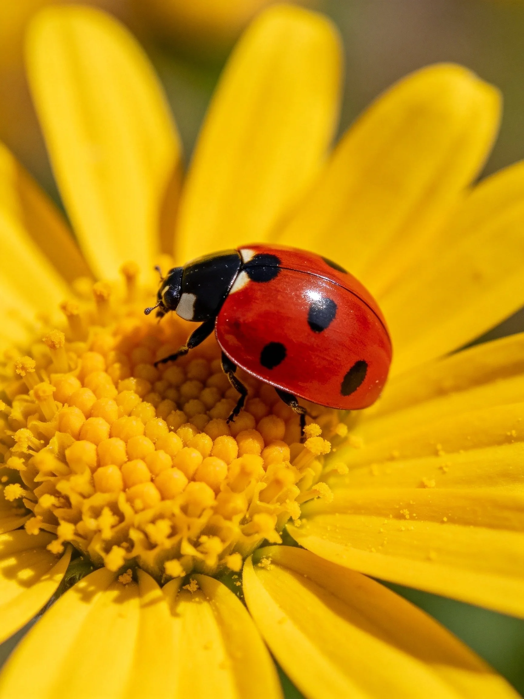 A ladybug rests on a vibrant yellow flower