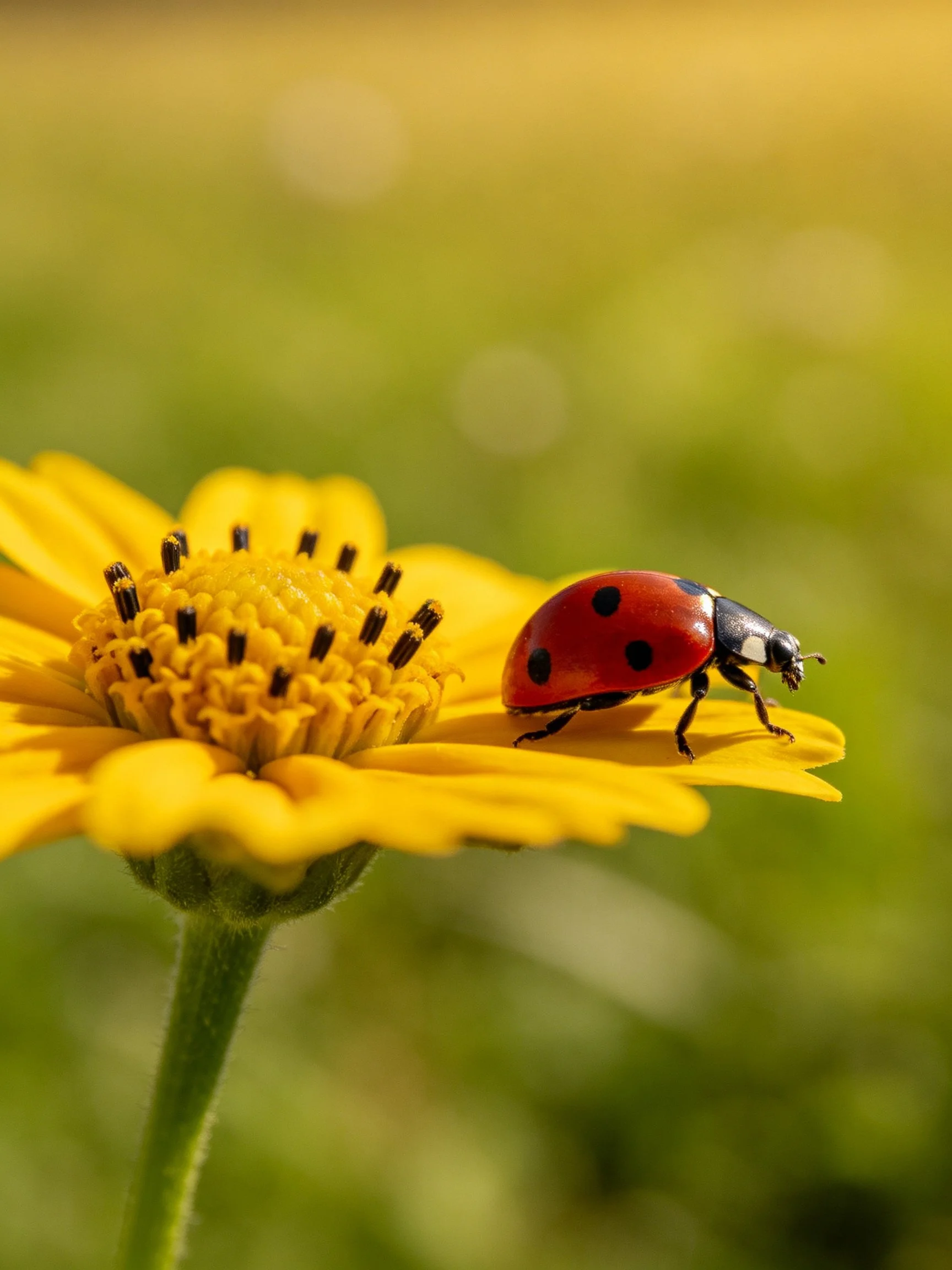 A ladybug rests on a vibrant yellow flower