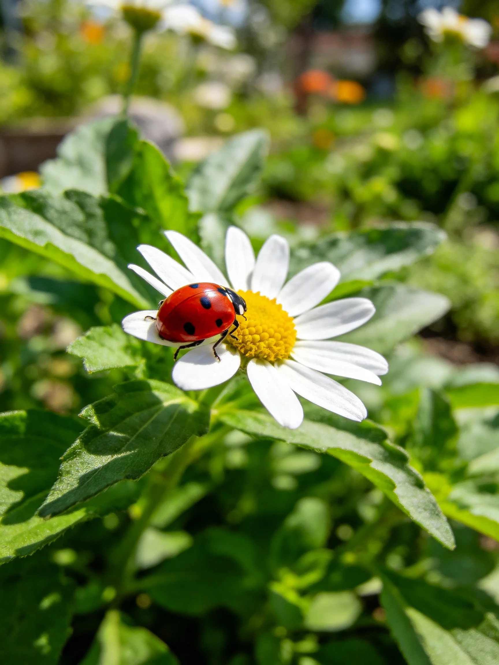 A ladybug rests on a white daisy with yellow center amid lush green foliage