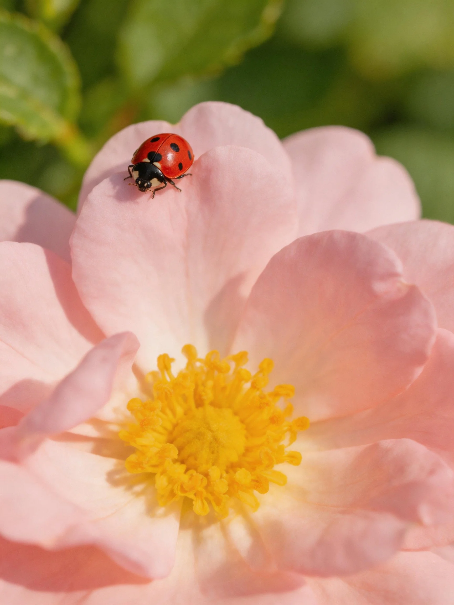 A ladybug sits on a delicate pink rose with a bright yellow center