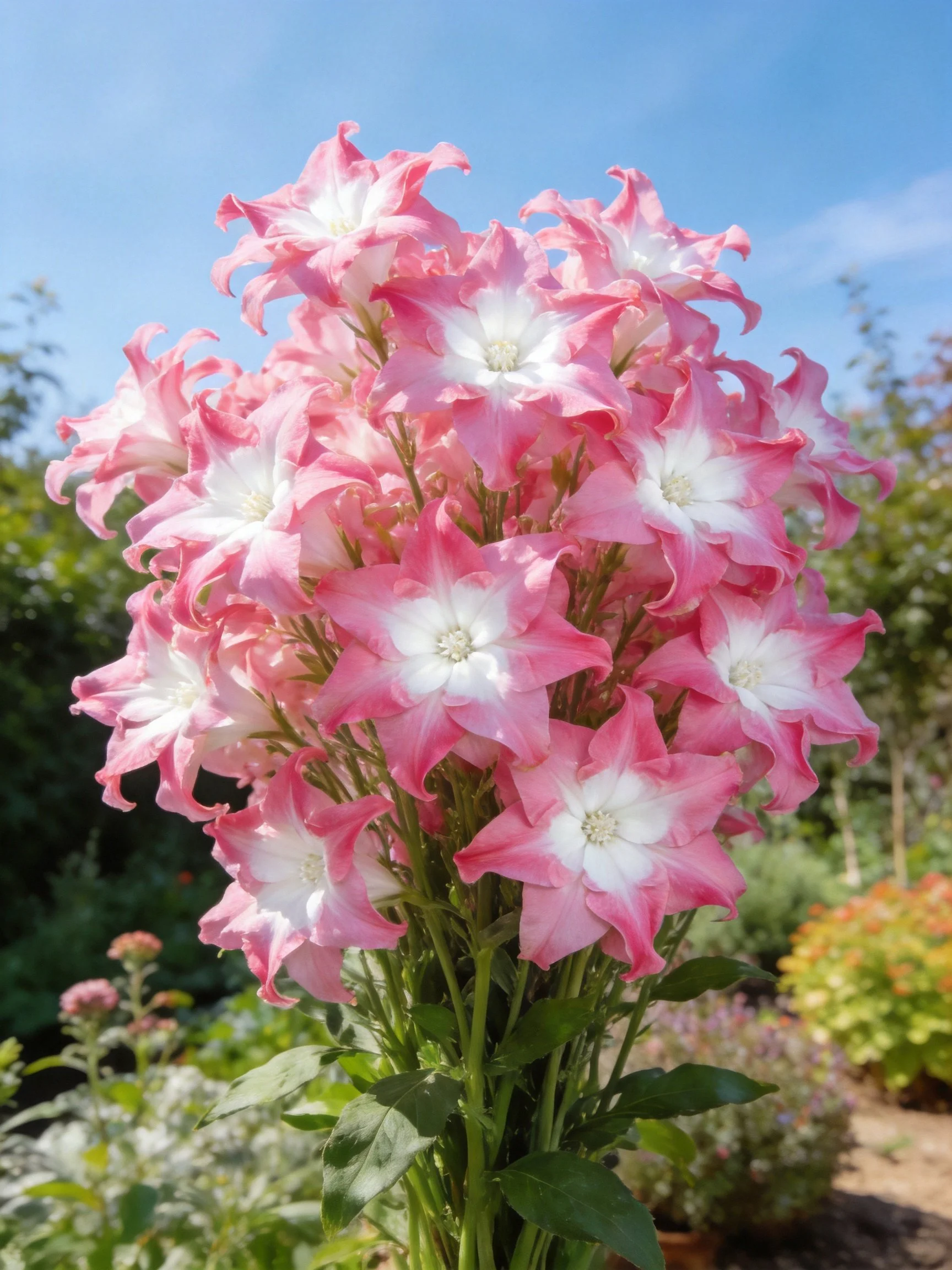 A large bouquet of pink and white flowers blooms in sunny garden