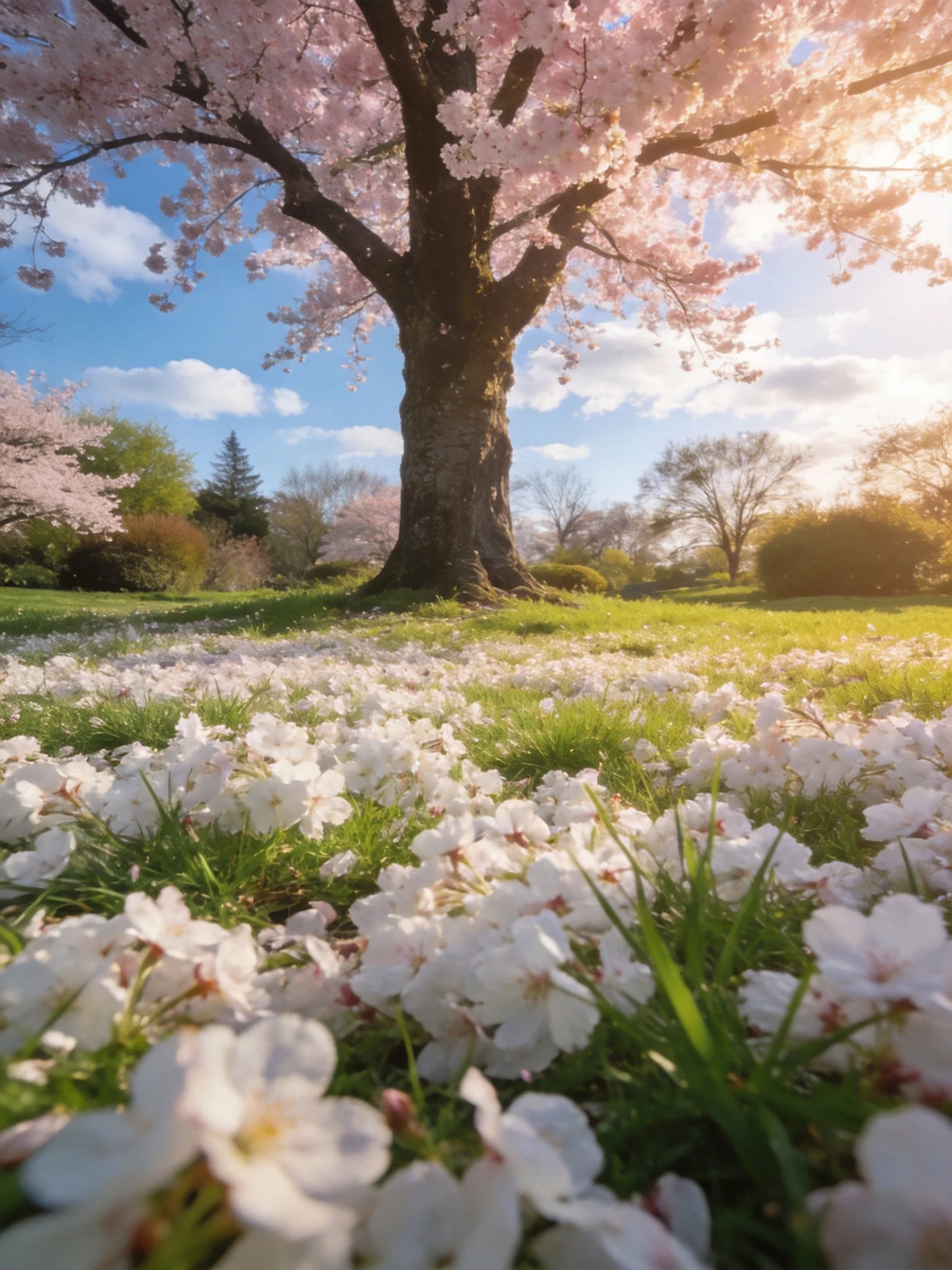 A large cherry blossom tree with pink blossoms and white petals on green grass