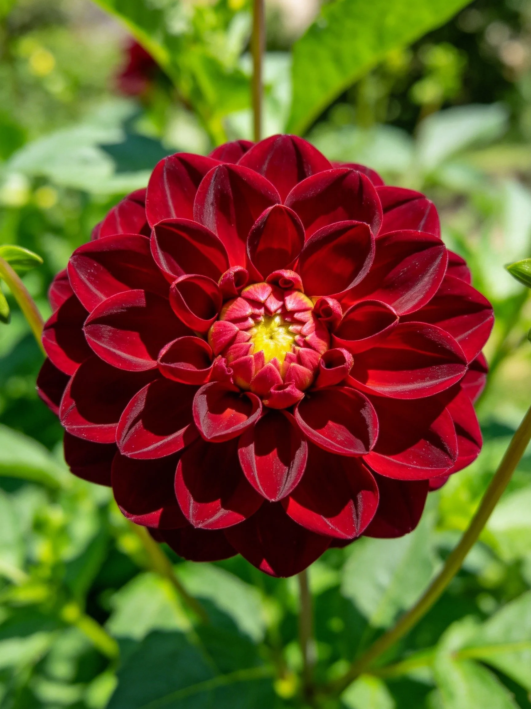 A large dark red dahlia with layered petals and green foliage