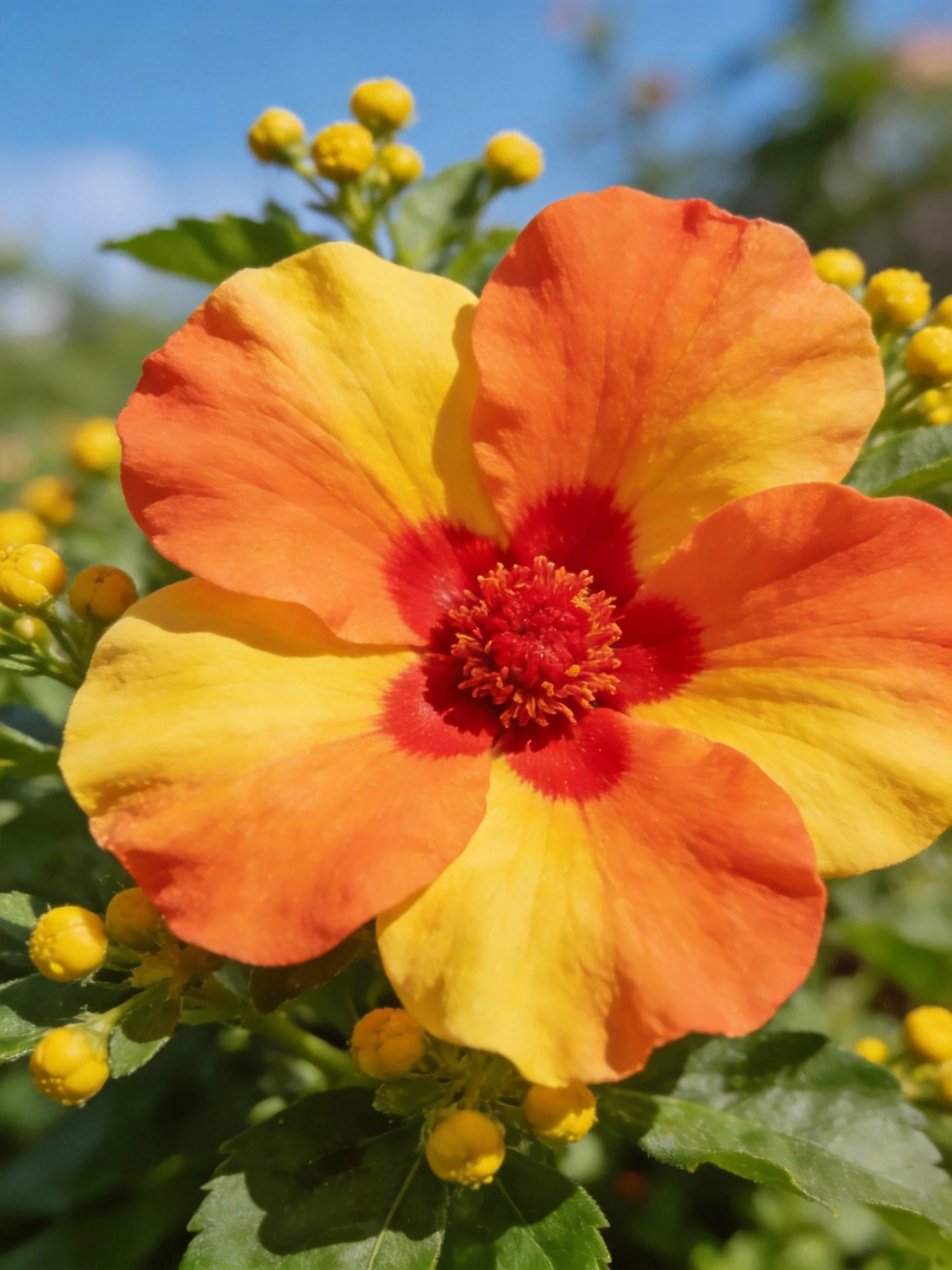 A large hibiscus flower with orange and yellow petals and red center