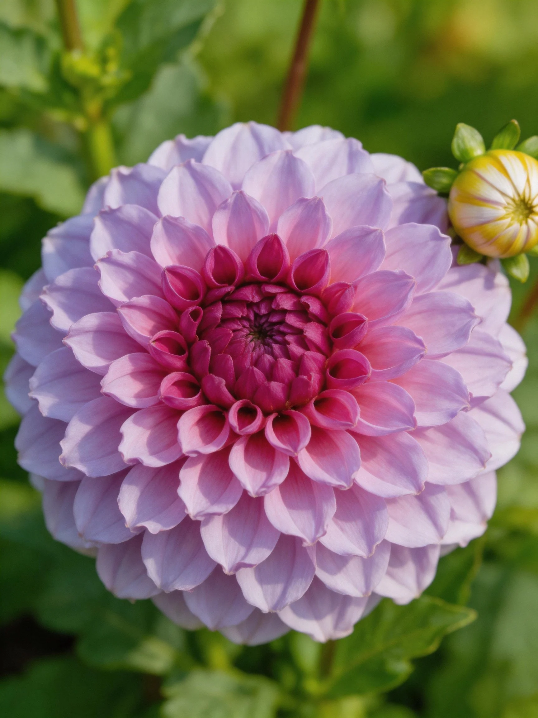 A large lavender-pink dahlia beside a striped yellow bud