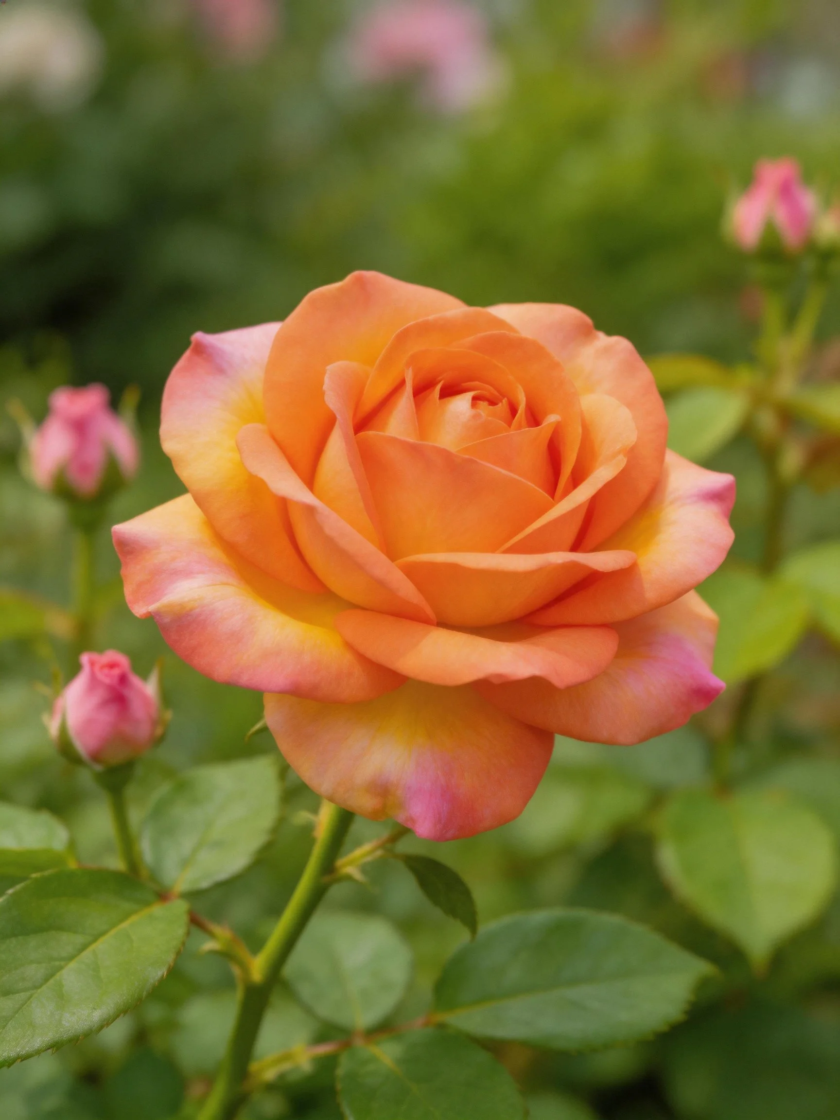 A large orange-pink rose with green foliage and pink flower buds