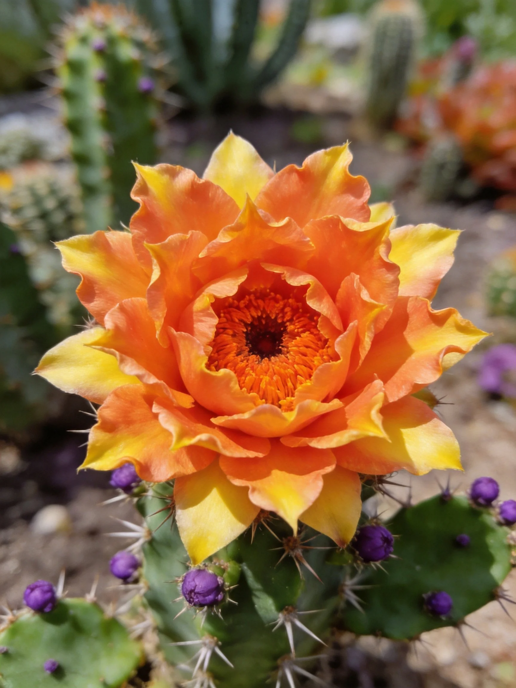 A large orange-yellow cactus flower blooms near green pads and purple buds