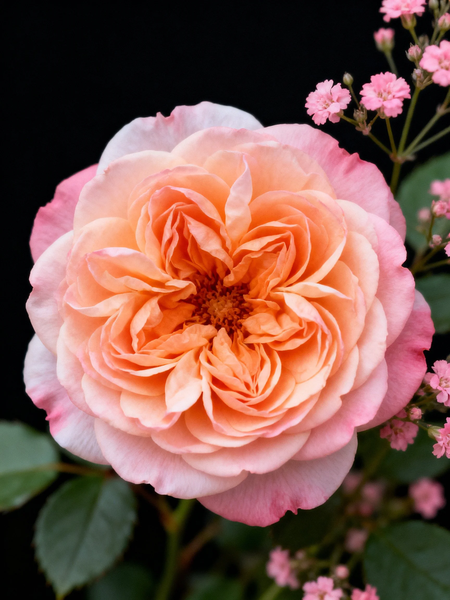 A large peach-pink rose with layered petals and small pink flowers