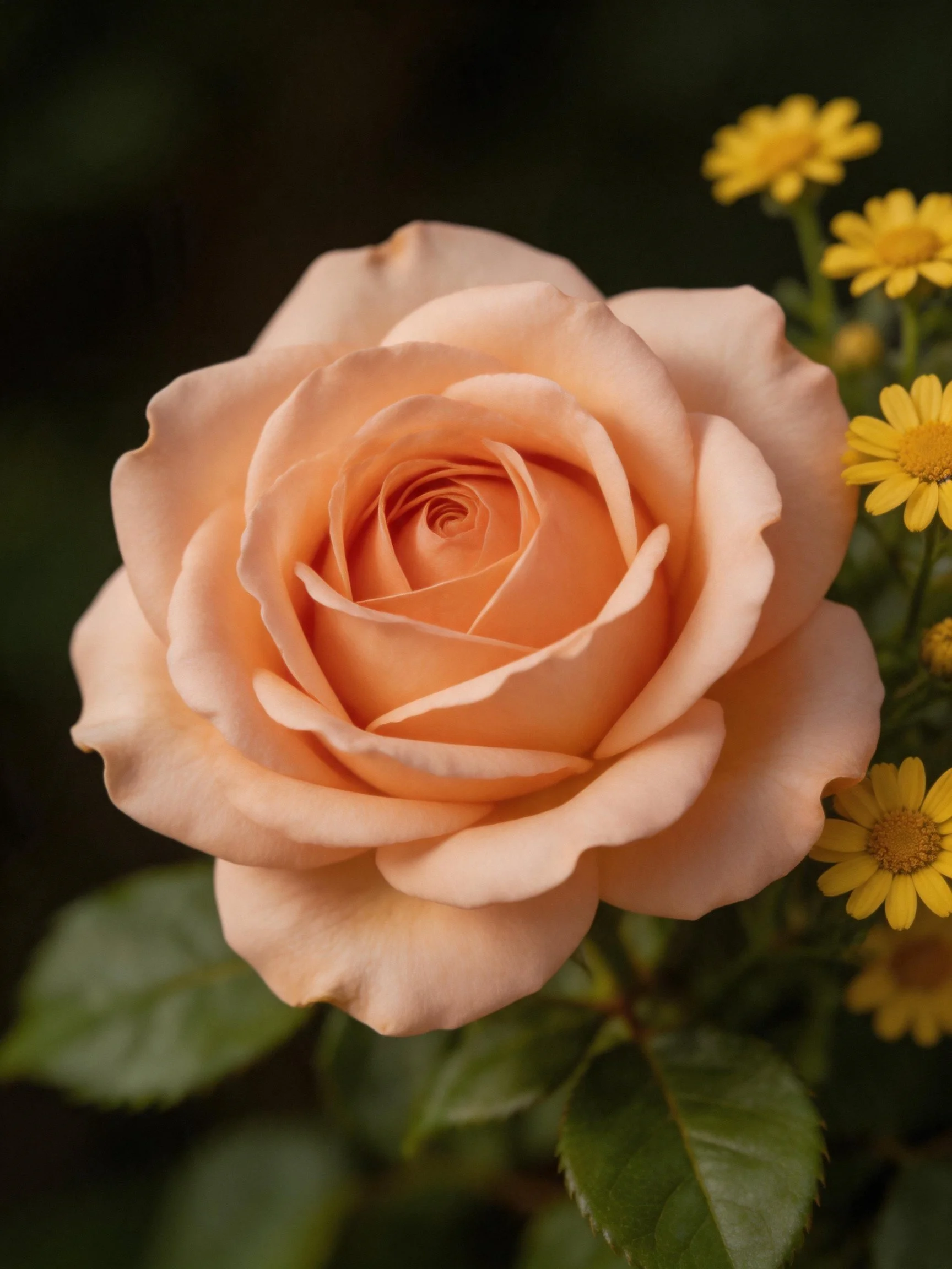 A large peach rose with small yellow blooms and green leaves