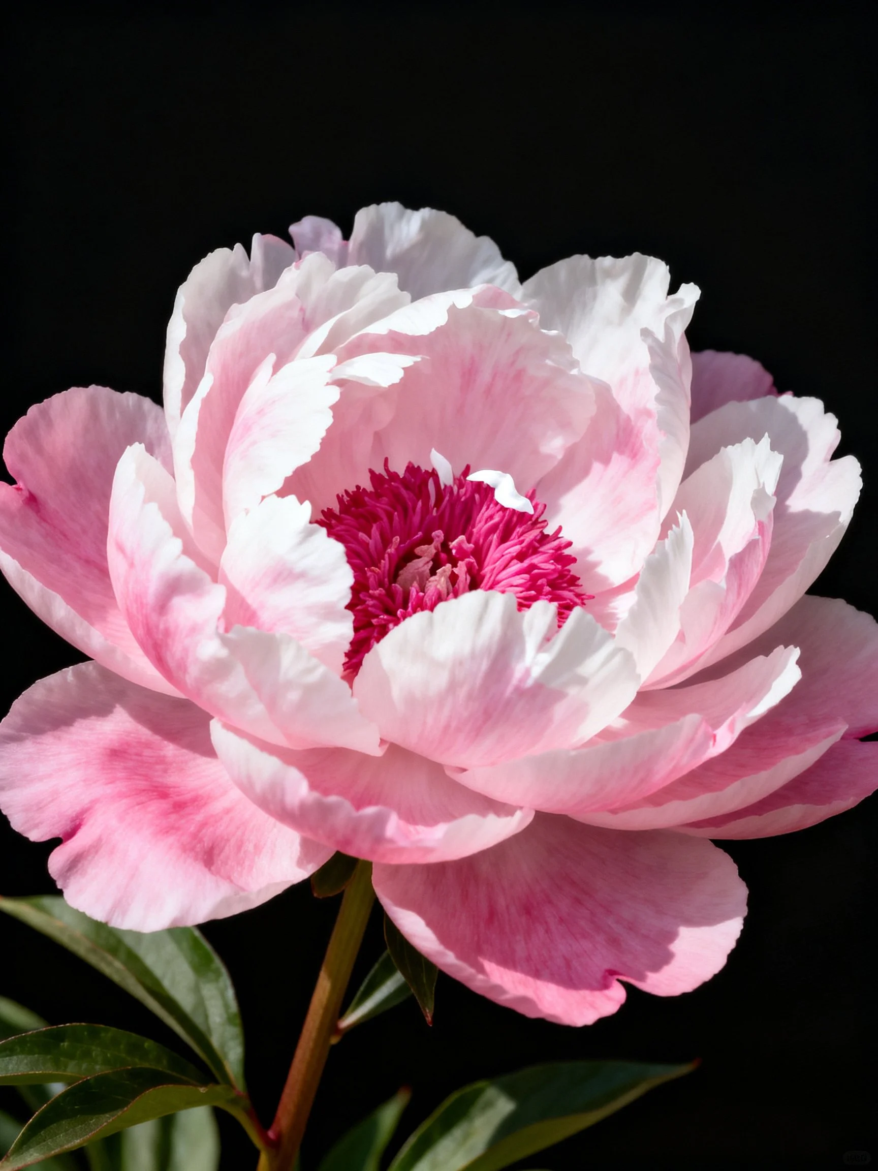 A large pink and white peony flower with a deep magenta center