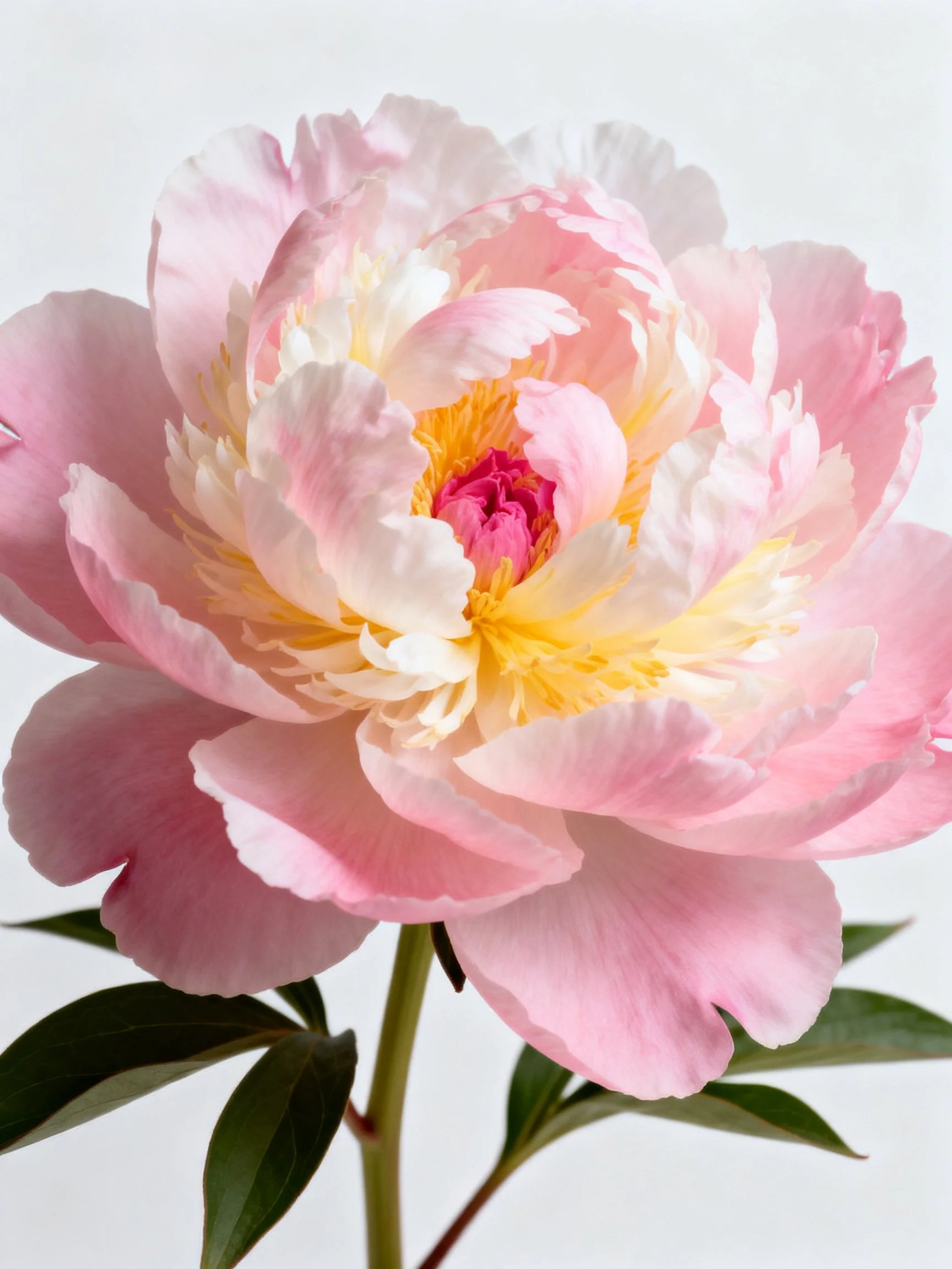 A large pink and white peony flower with yellow center