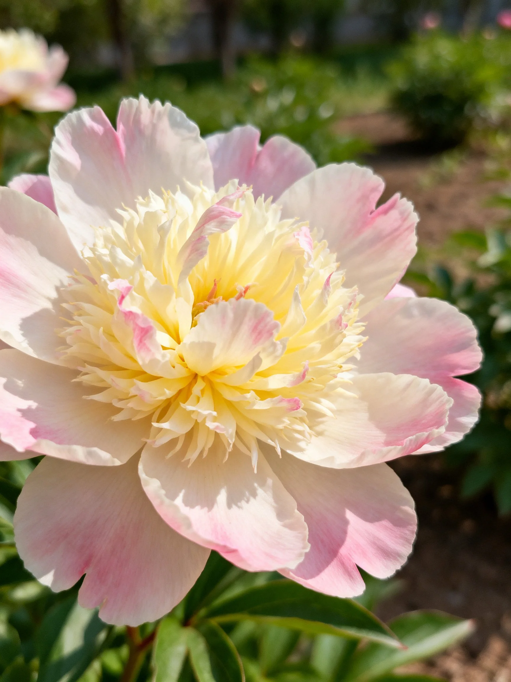 A large pink and white peony blooms vibrantly in a sunlit garden.