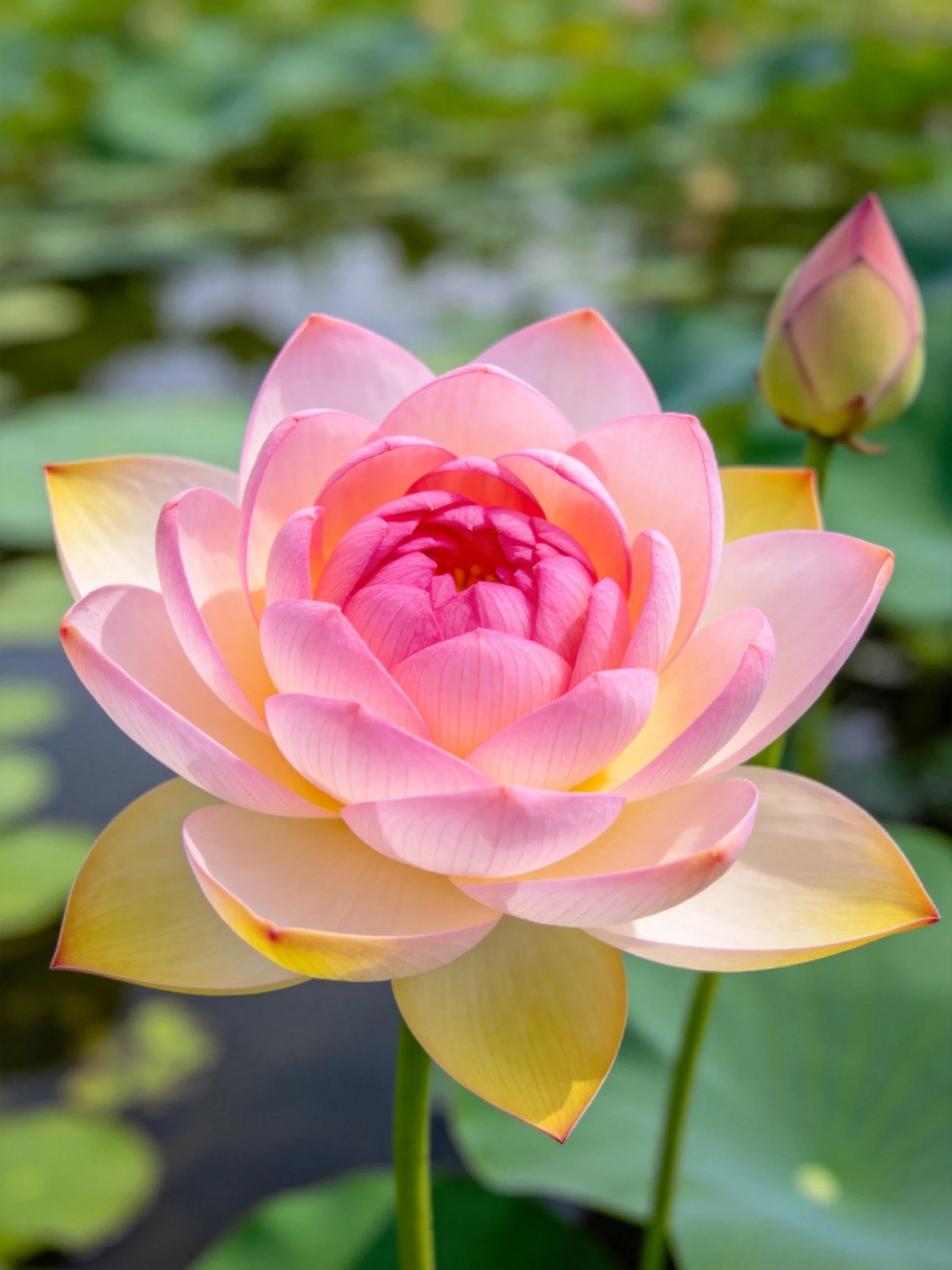A large pink and yellow lotus blooms beside a closed bud amid green lily pads
