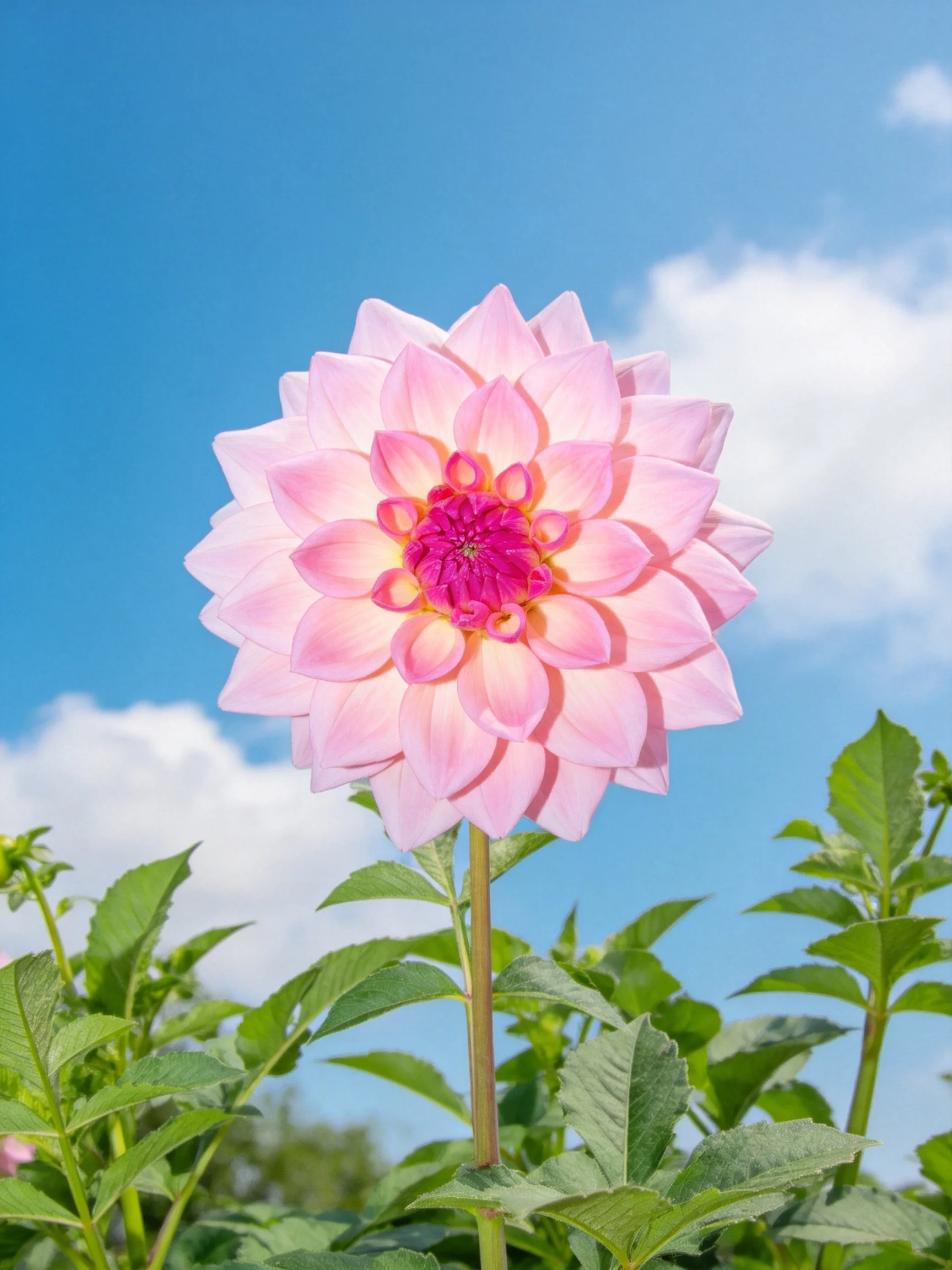 A large pink dahlia blooms beneath a bright blue sky