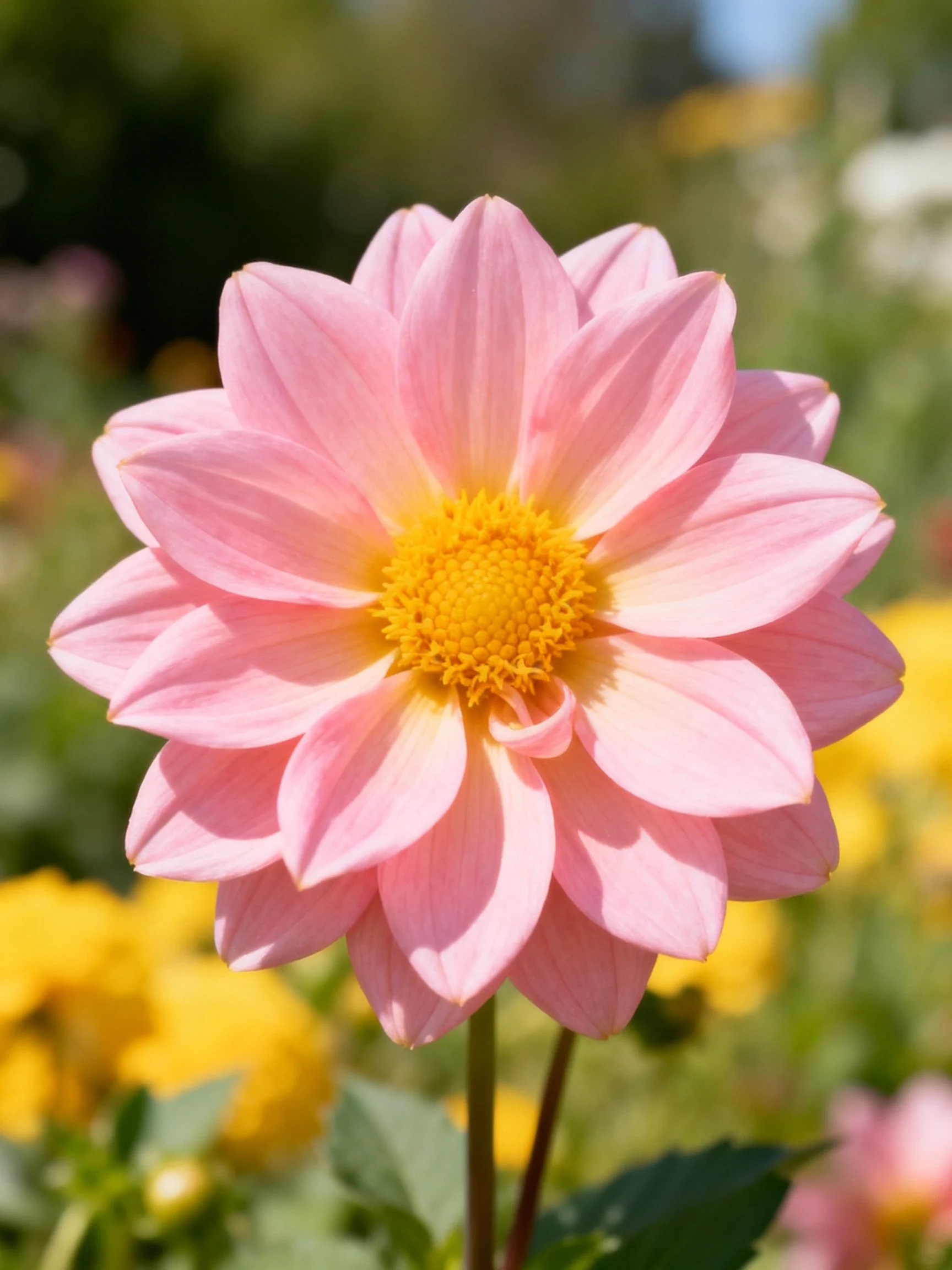 A large pink dahlia with a bright yellow center