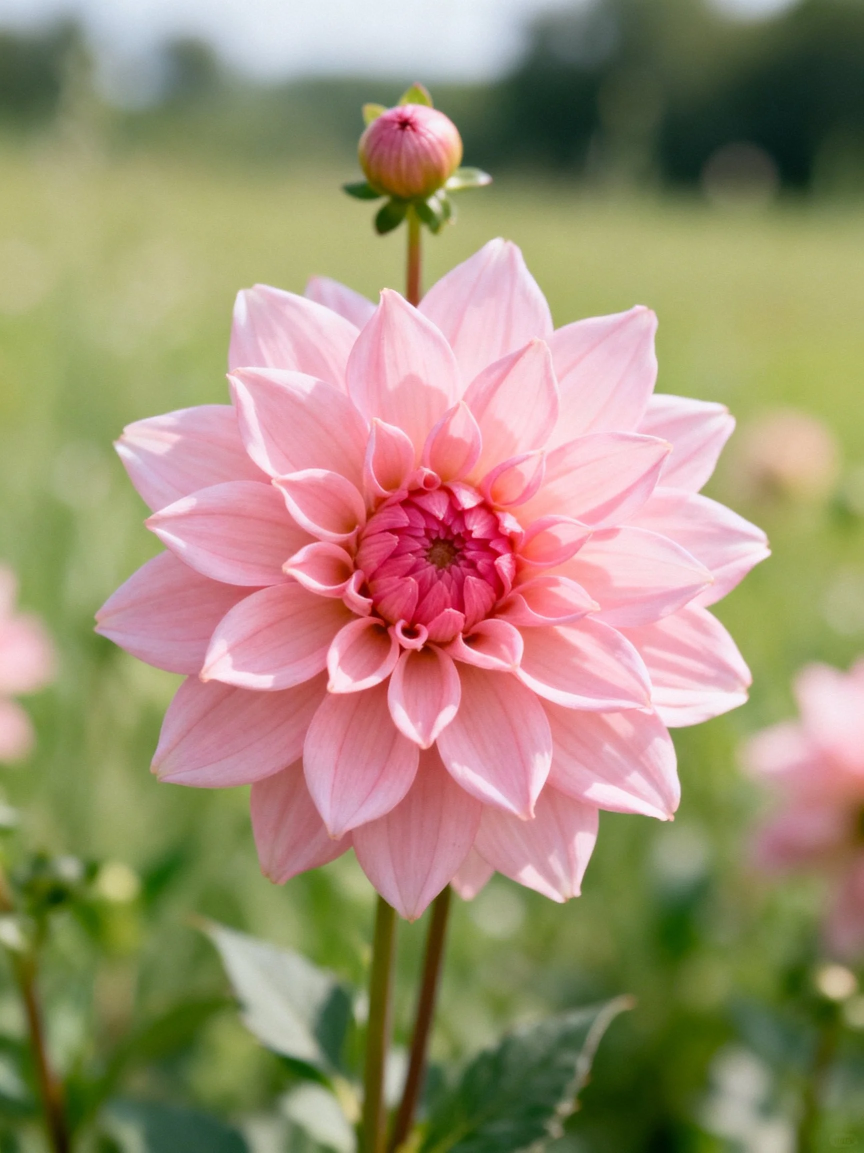A large pink dahlia with an unopened bud in a green field