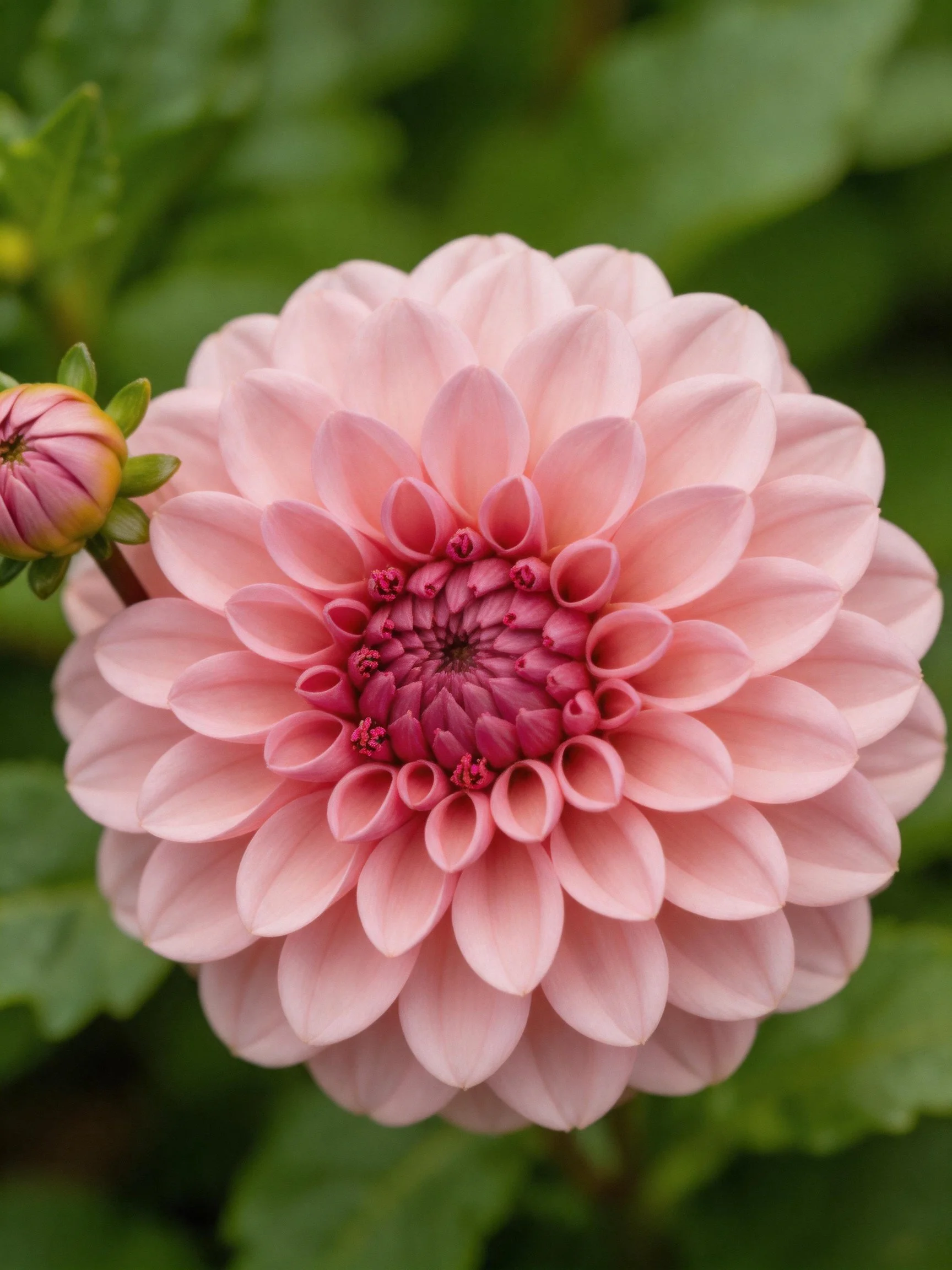 A large pink dahlia with layered petals and a budding flower