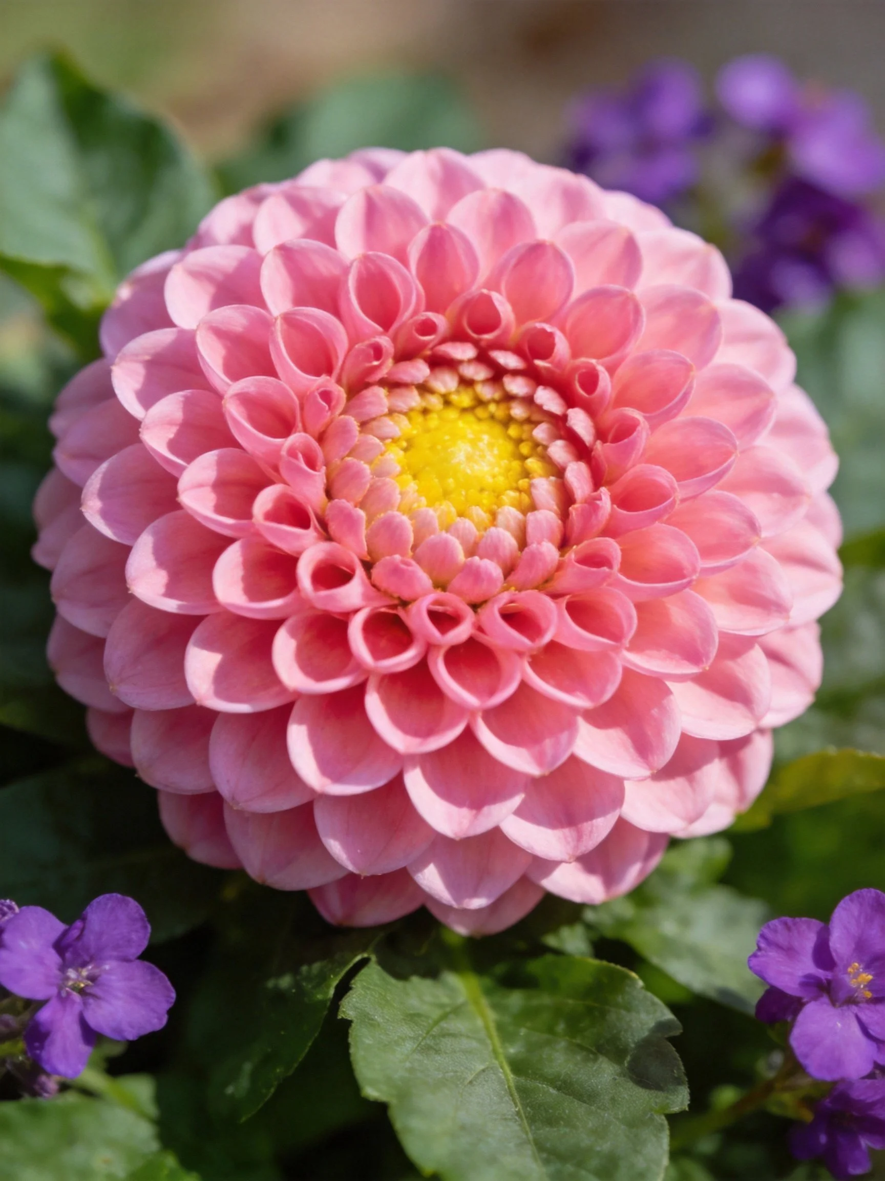 A large pink dahlia with layered petals and yellow center