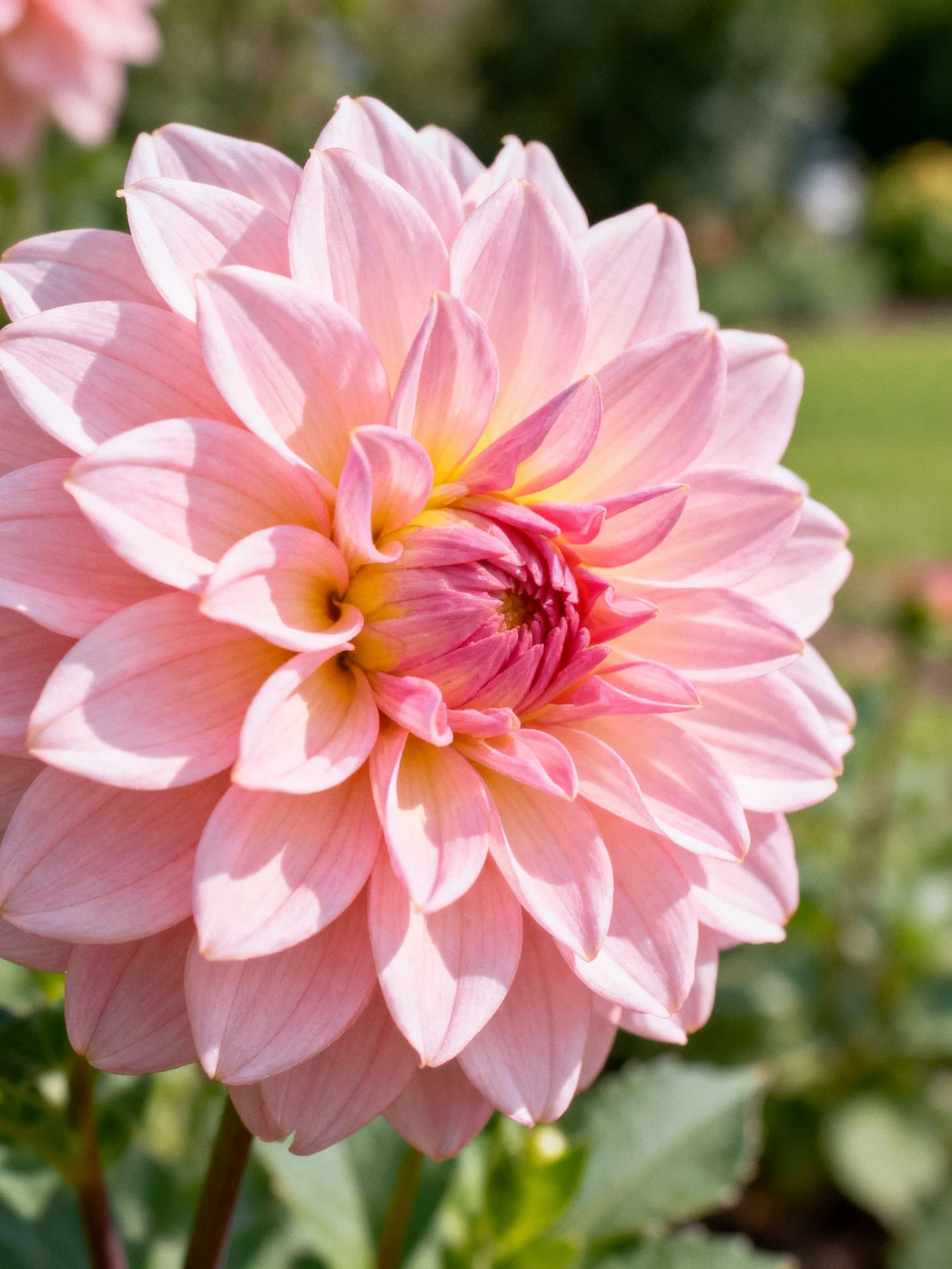 A large pink dahlia with layered petals and yellow center