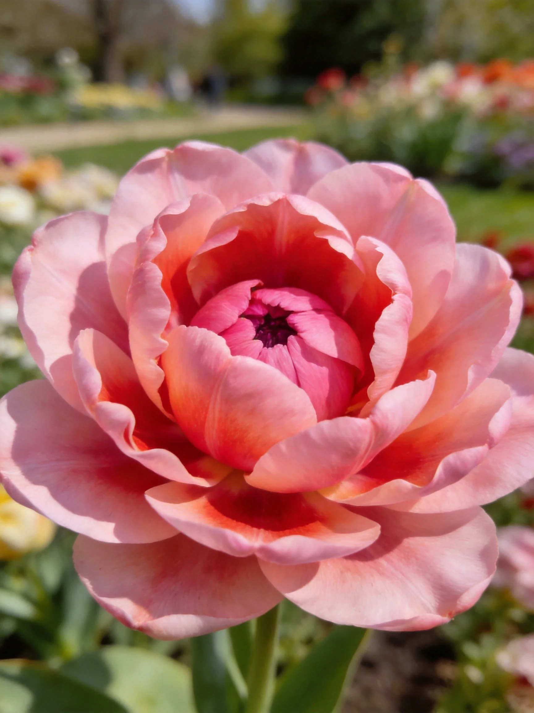 A large pink double tulip with layered petals in a garden