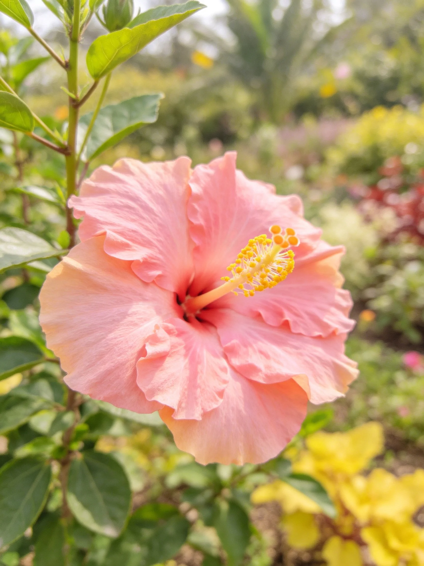 A large pink hibiscus flower in a sunlit garden