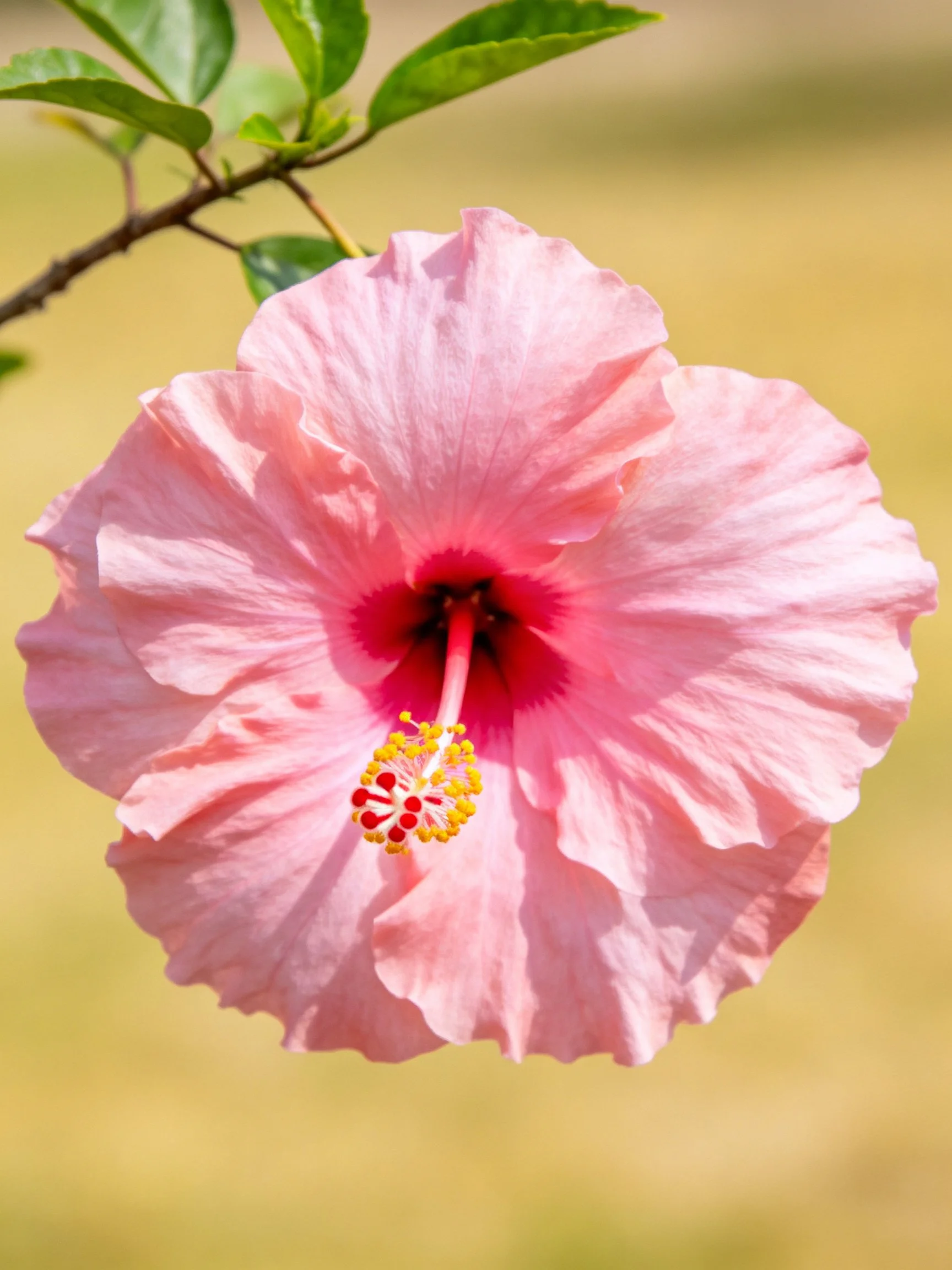A large pink hibiscus flower with ruffled petals and a dark center