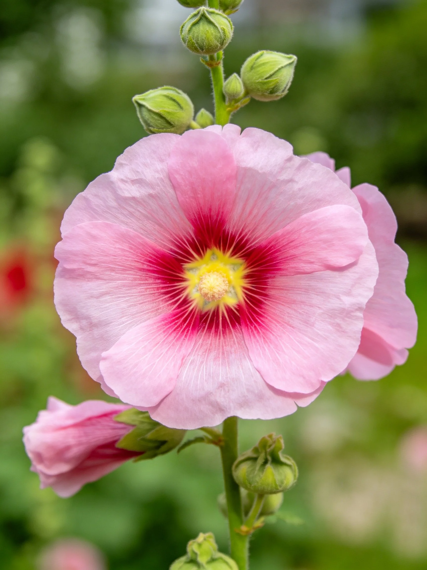 A large pink hollyhock flower with red center and green buds