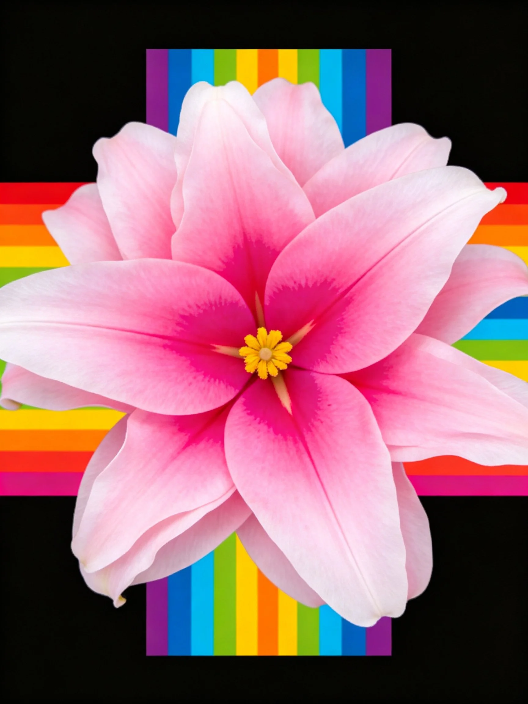 A large pink lily with yellow center on rainbow striped cross over black background