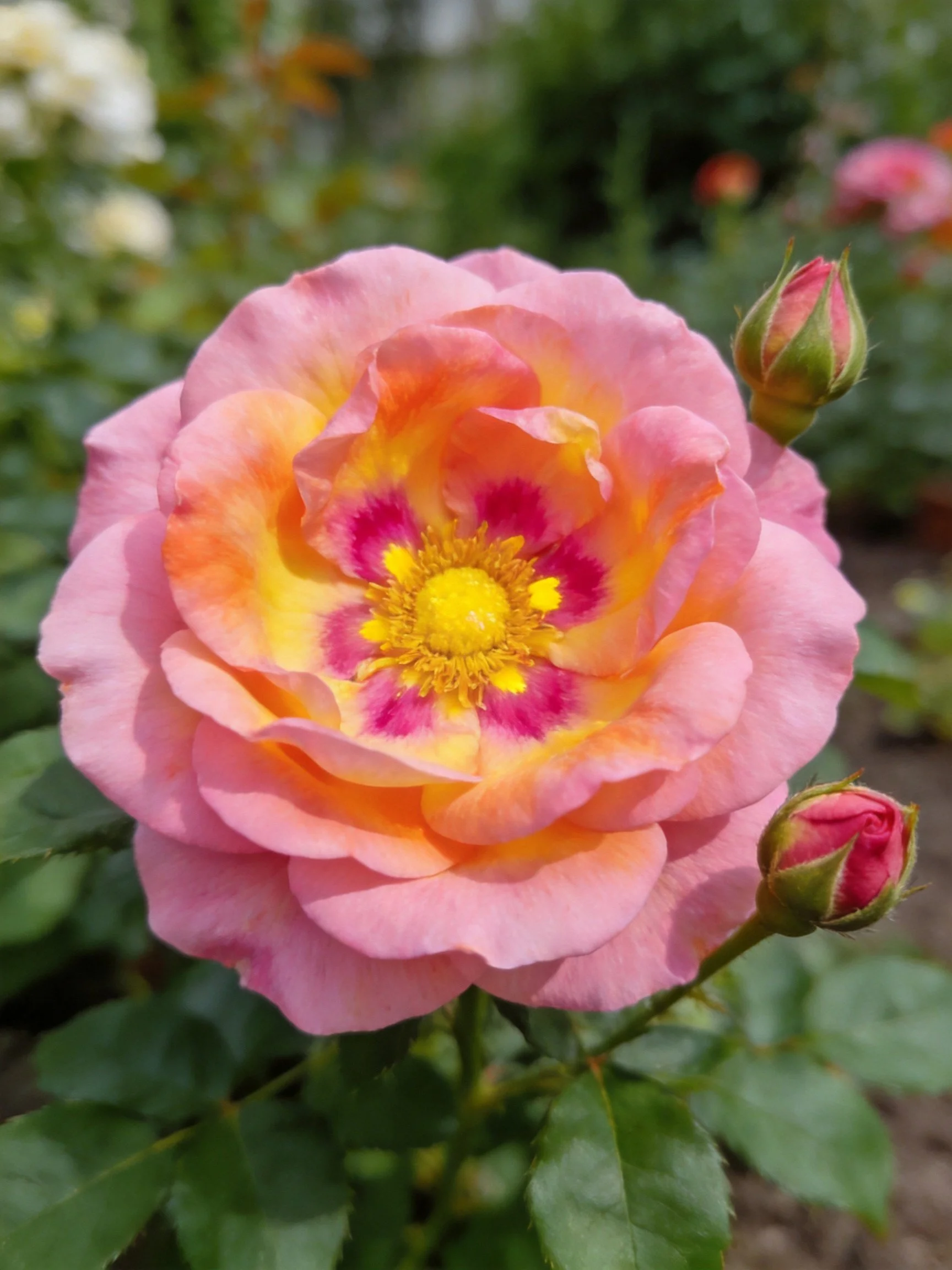 A large pink-orange rose with colorful petal gradients