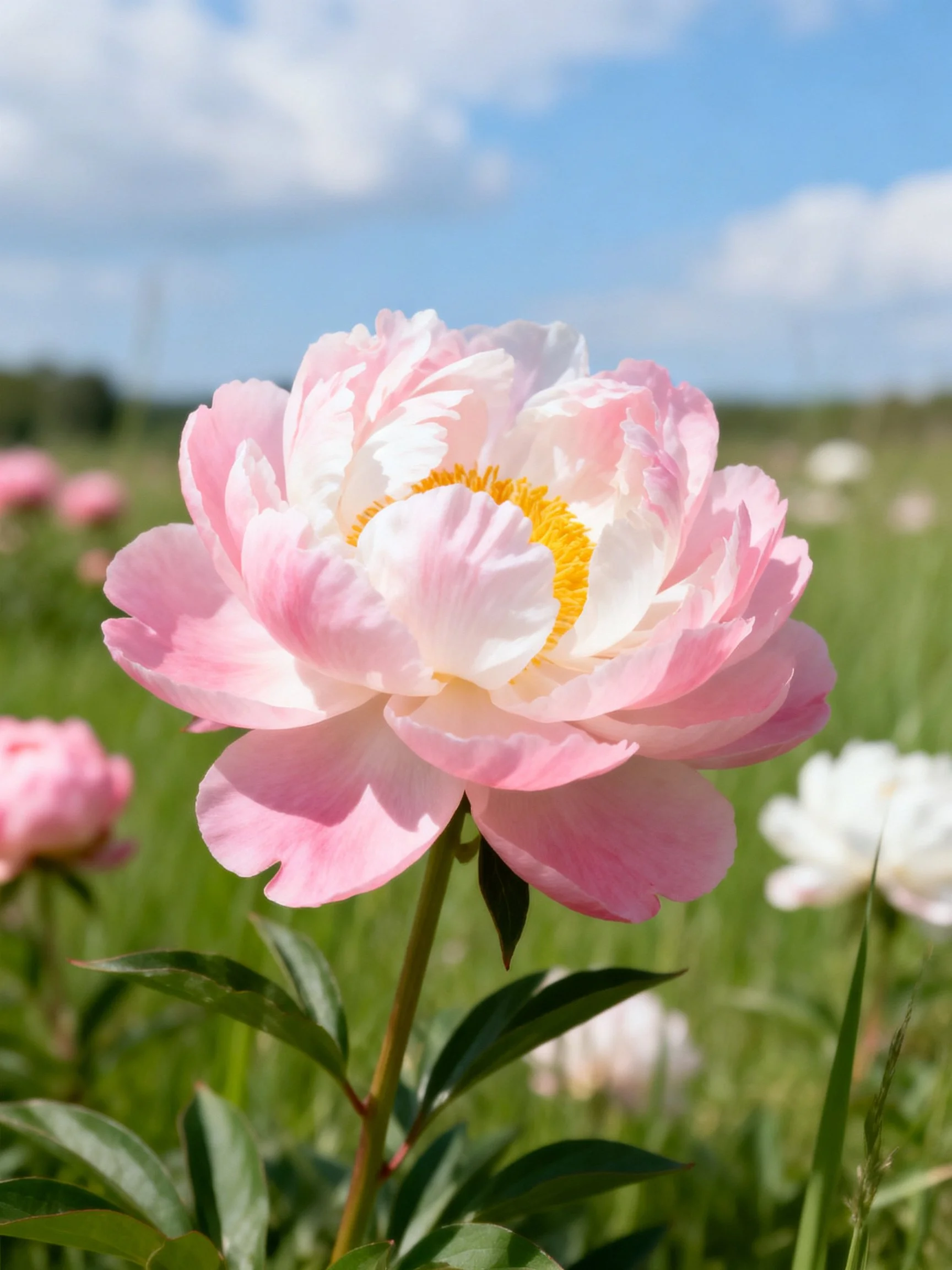 A large pink peony blooms in a sun-dappled meadow