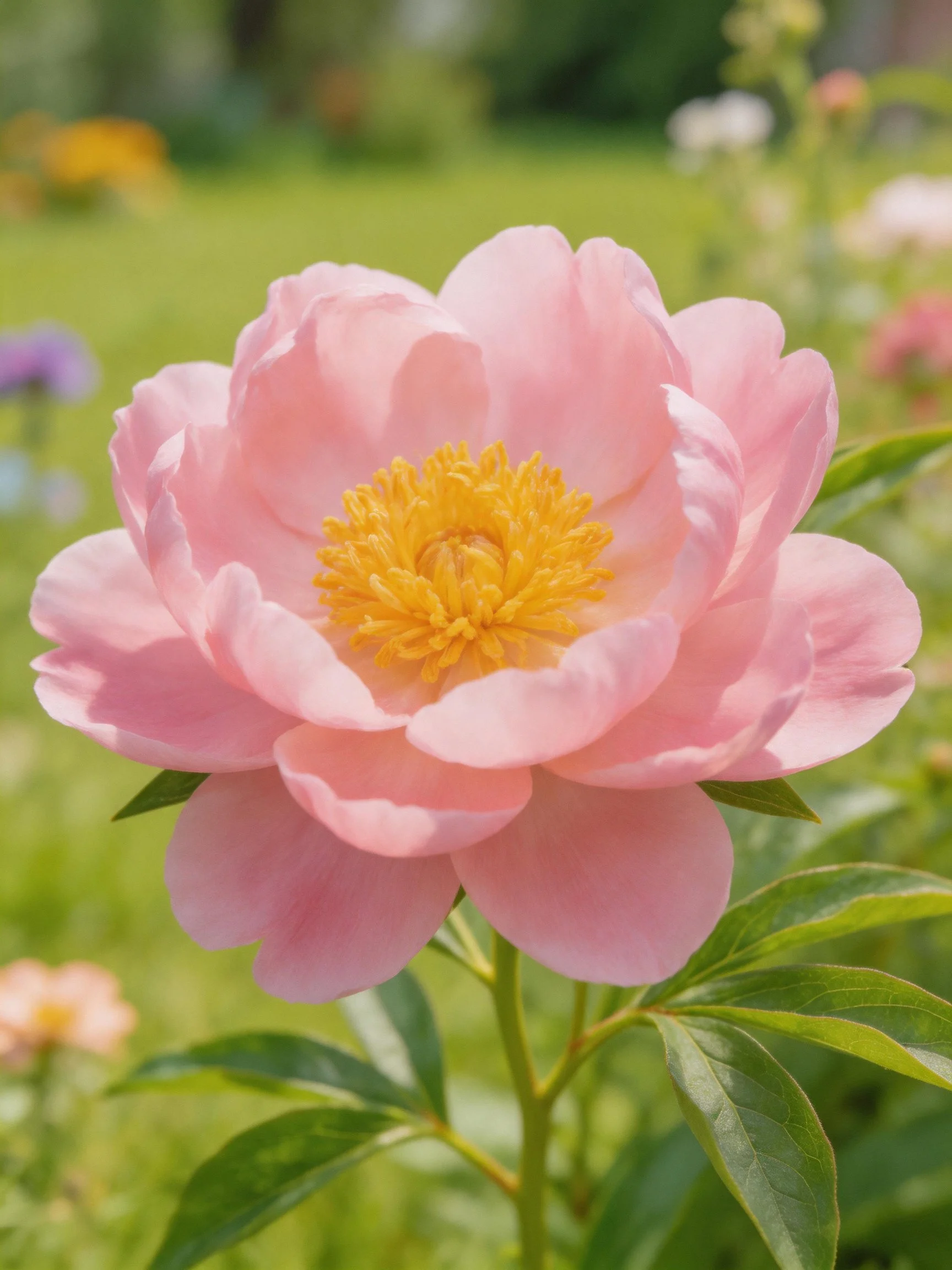 A large pink peony blooms vibrantly in a lush garden.