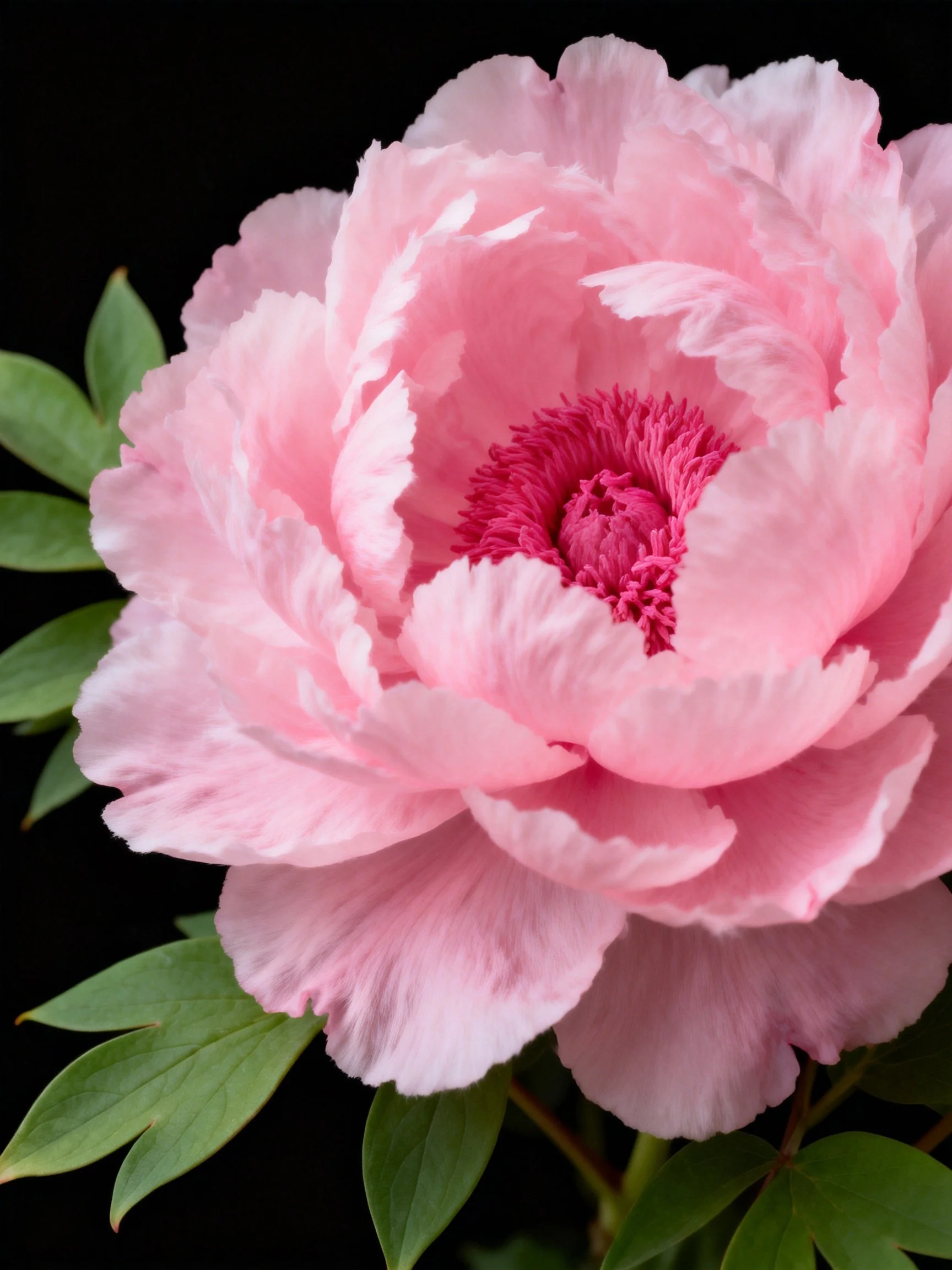 A large pink peony flower with green leaves on a black background
