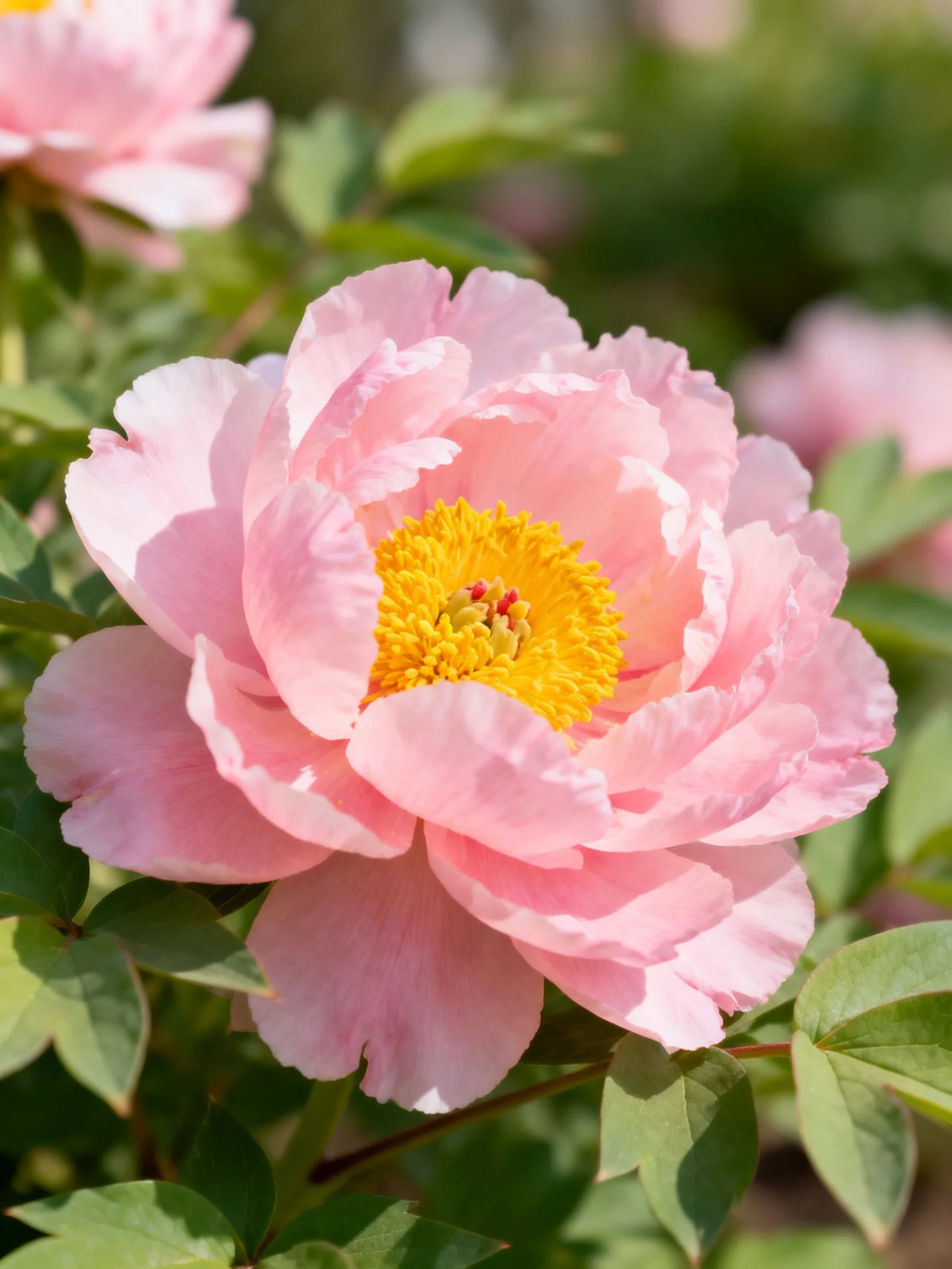 A large pink peony with a bright yellow center among green foliage