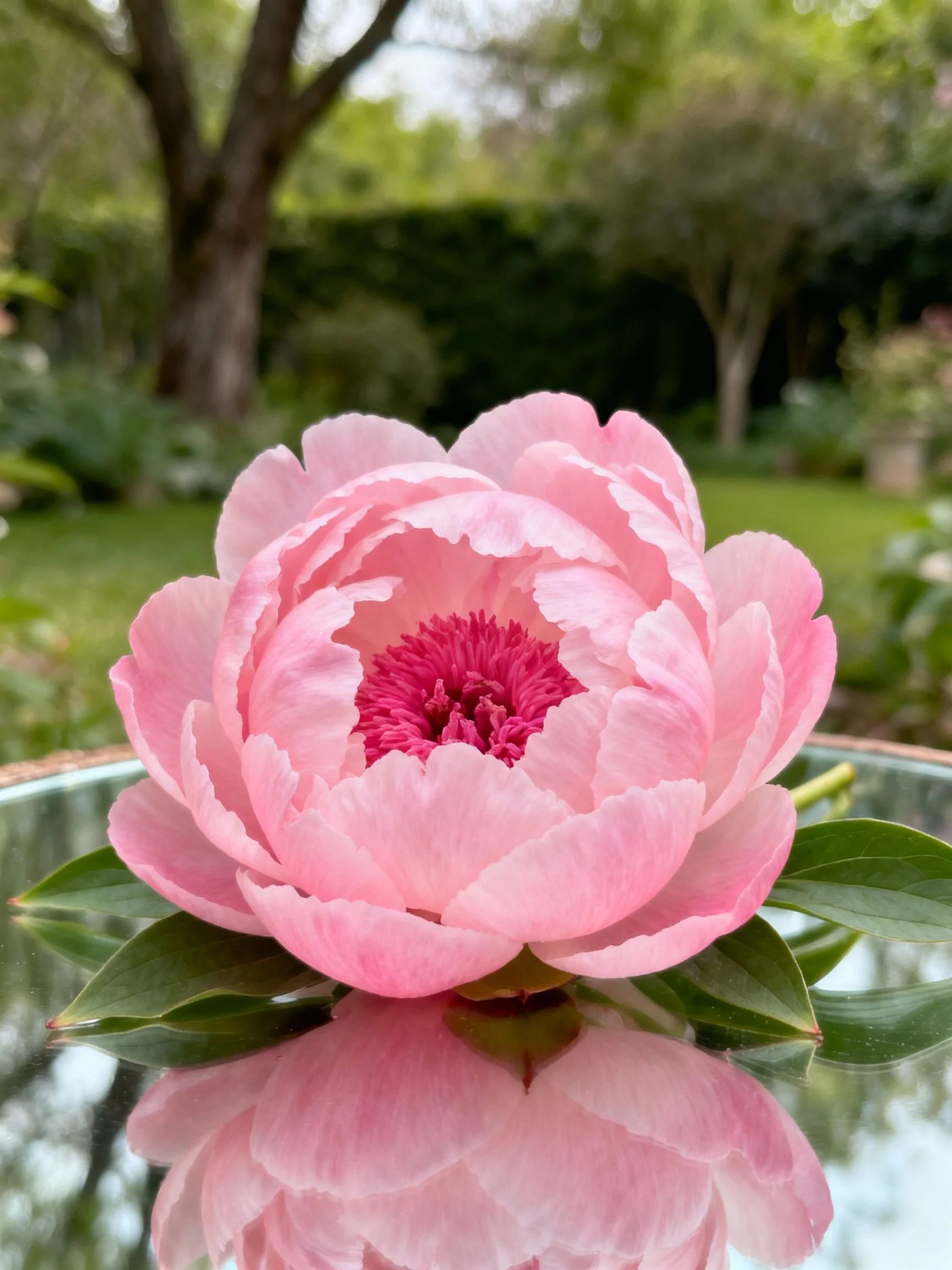 A large pink peony with dark pink center on glass surface