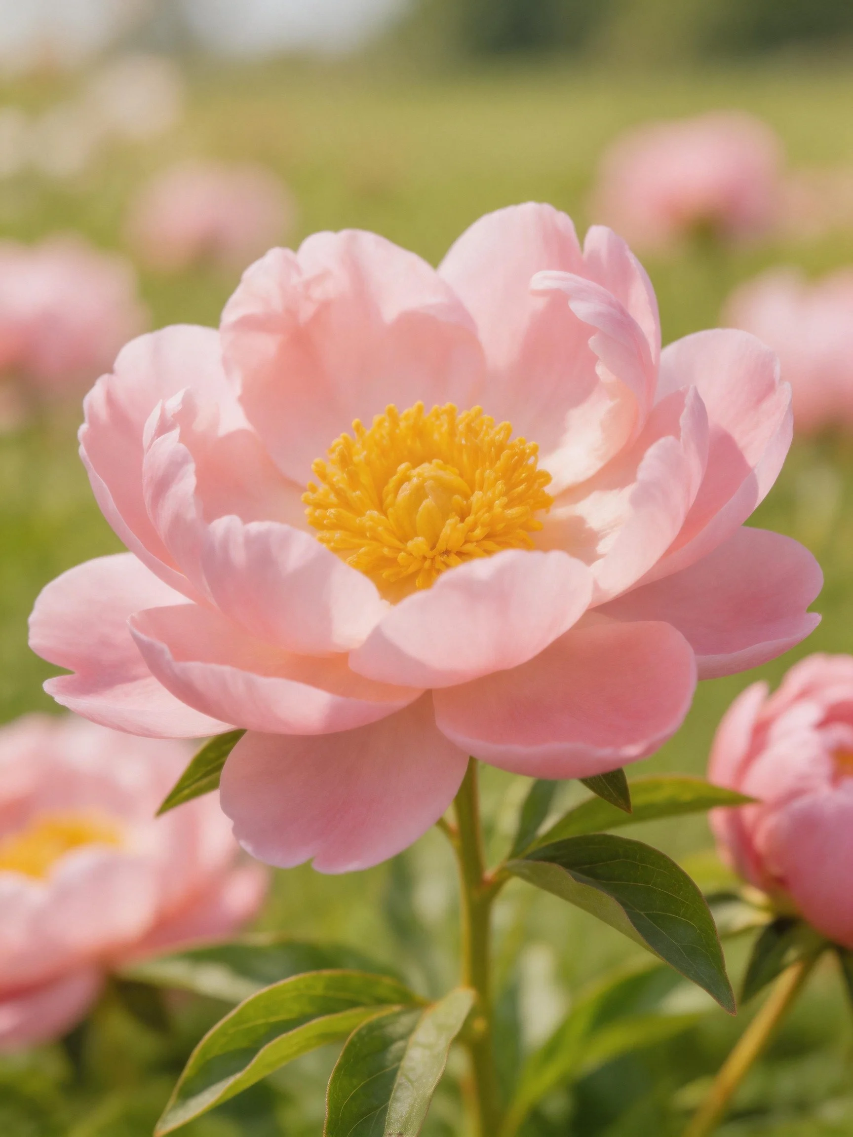A large pink peony with soft petals and a yellow center