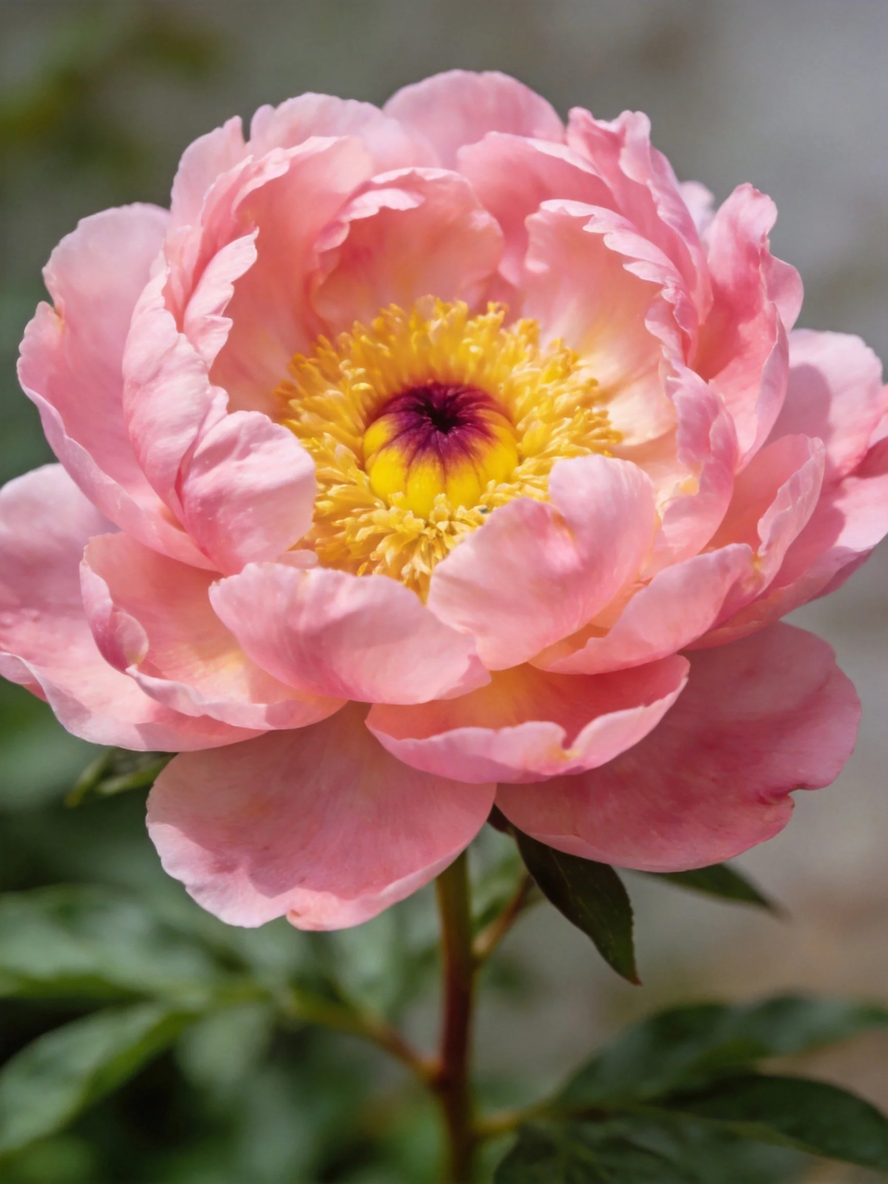 A large pink peony with vibrant yellow and purple center