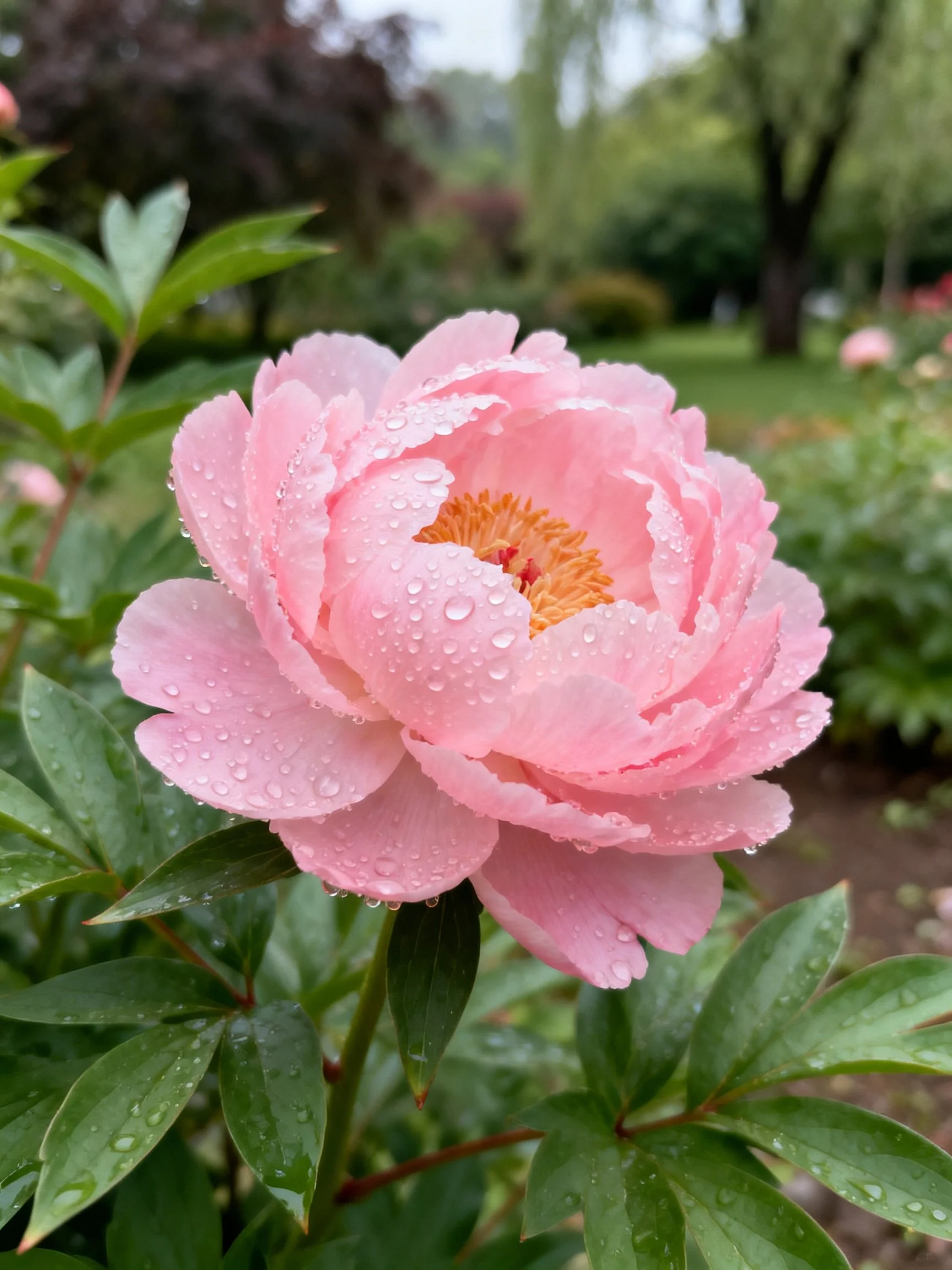 A large pink peony with water droplets in a garden