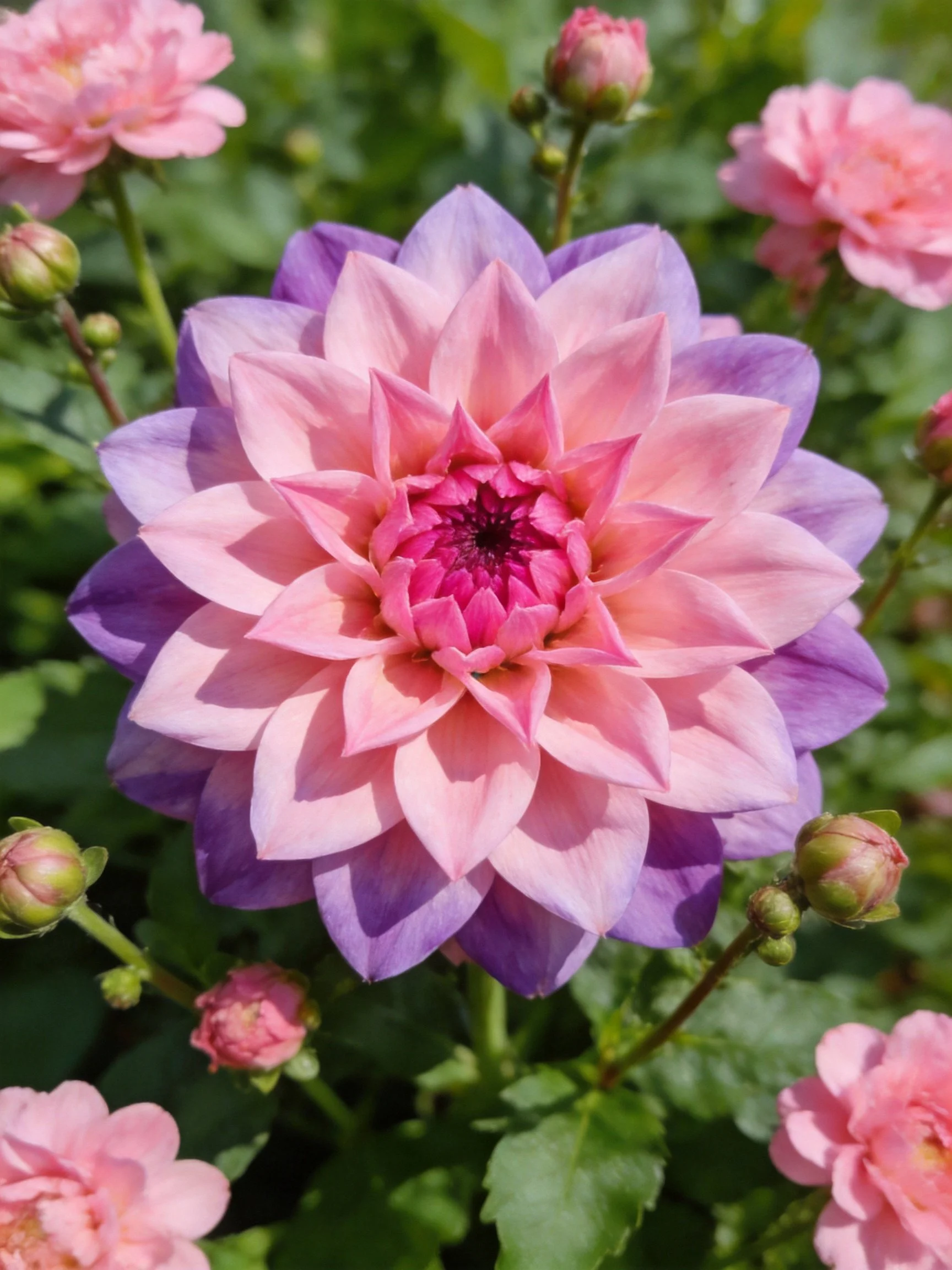 A large pink-purple dahlia with surrounding pink blooms
