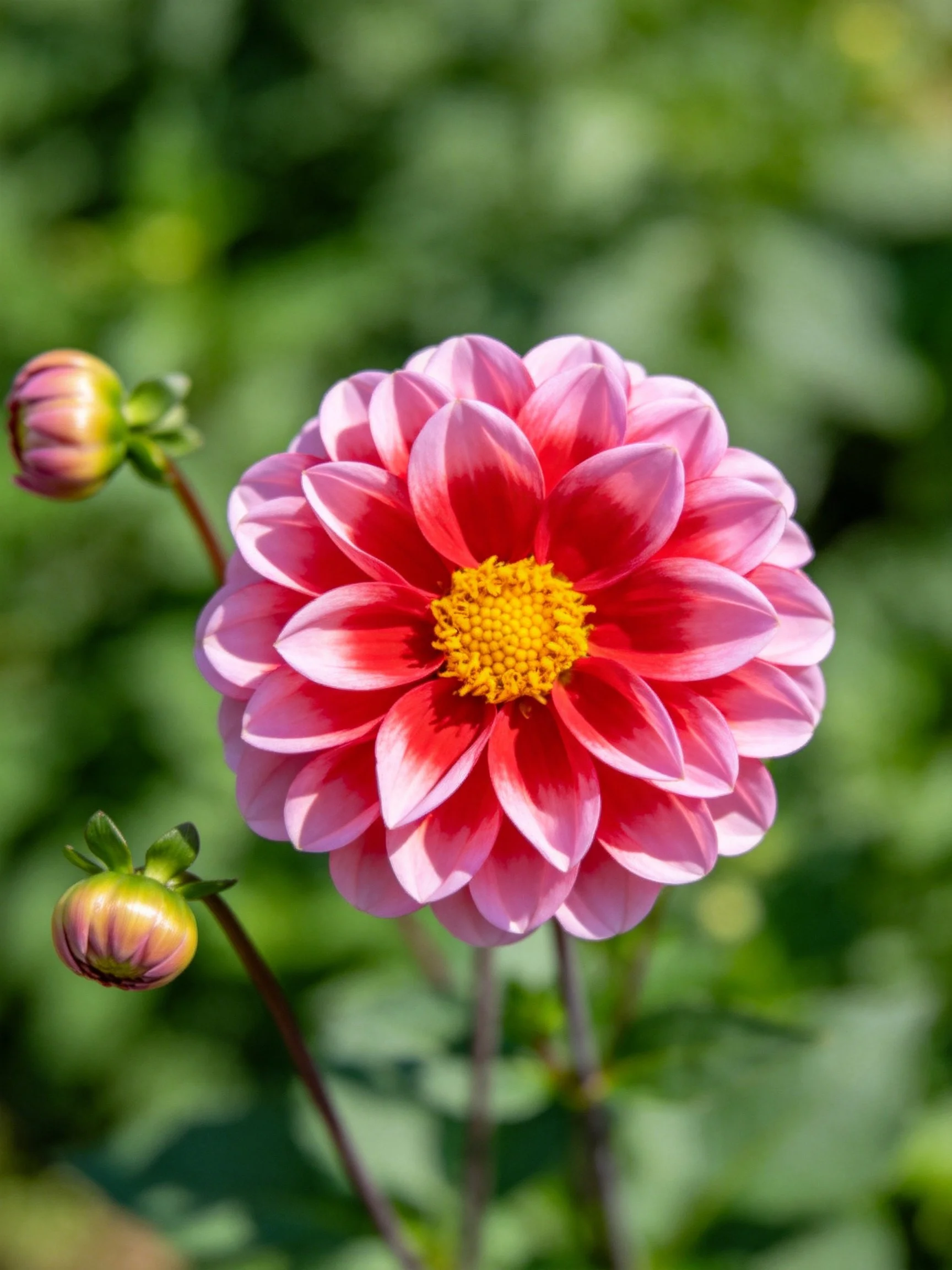 A large pink-red dahlia with yellow center and two unopened buds