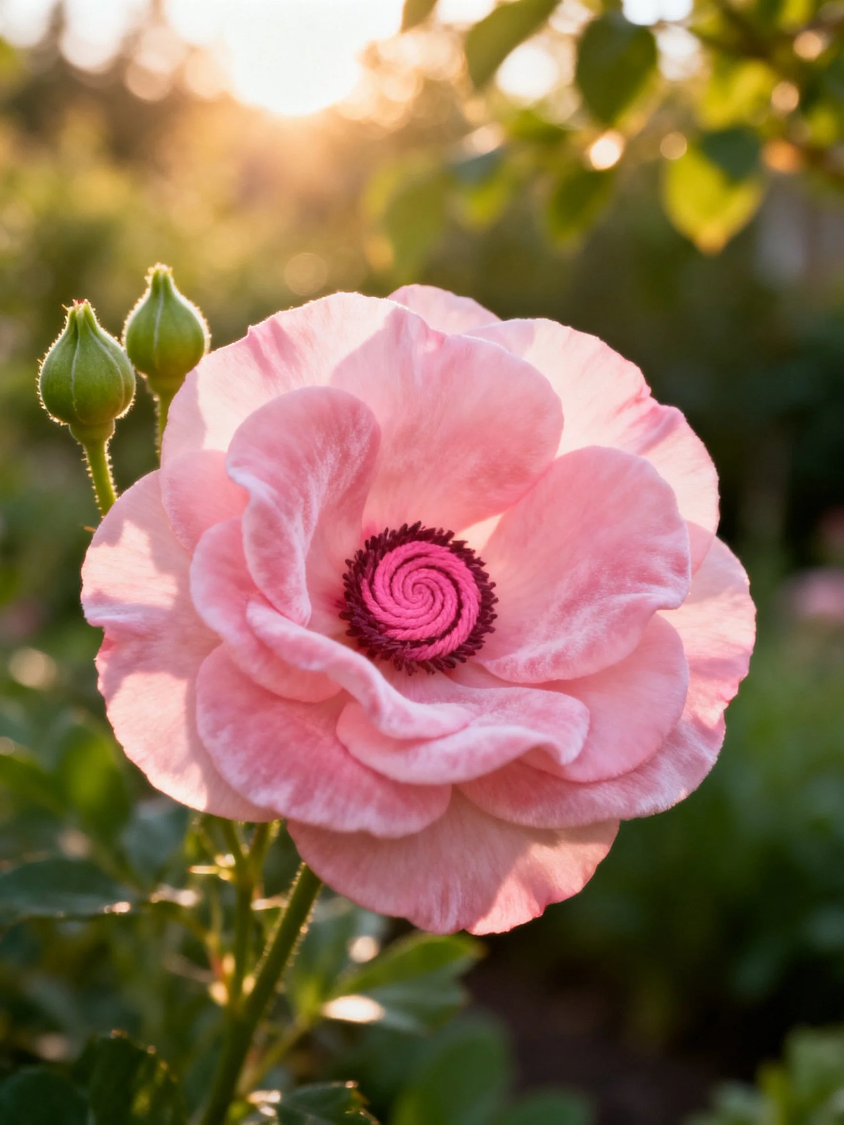 A large pink rose blooms near two unopened buds under golden sunlight