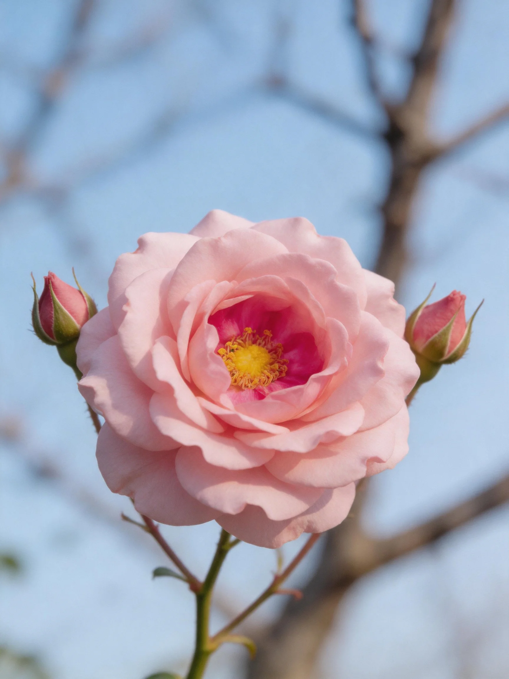 A large pink rose blooms with two buds under a clear blue sky